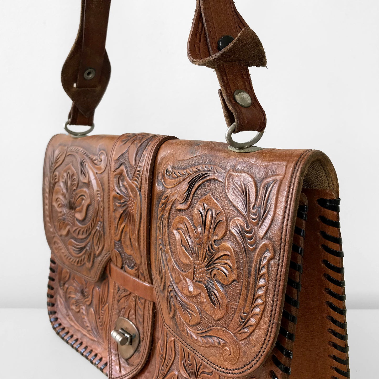 1940s Brown Tooled-Leather Handbag