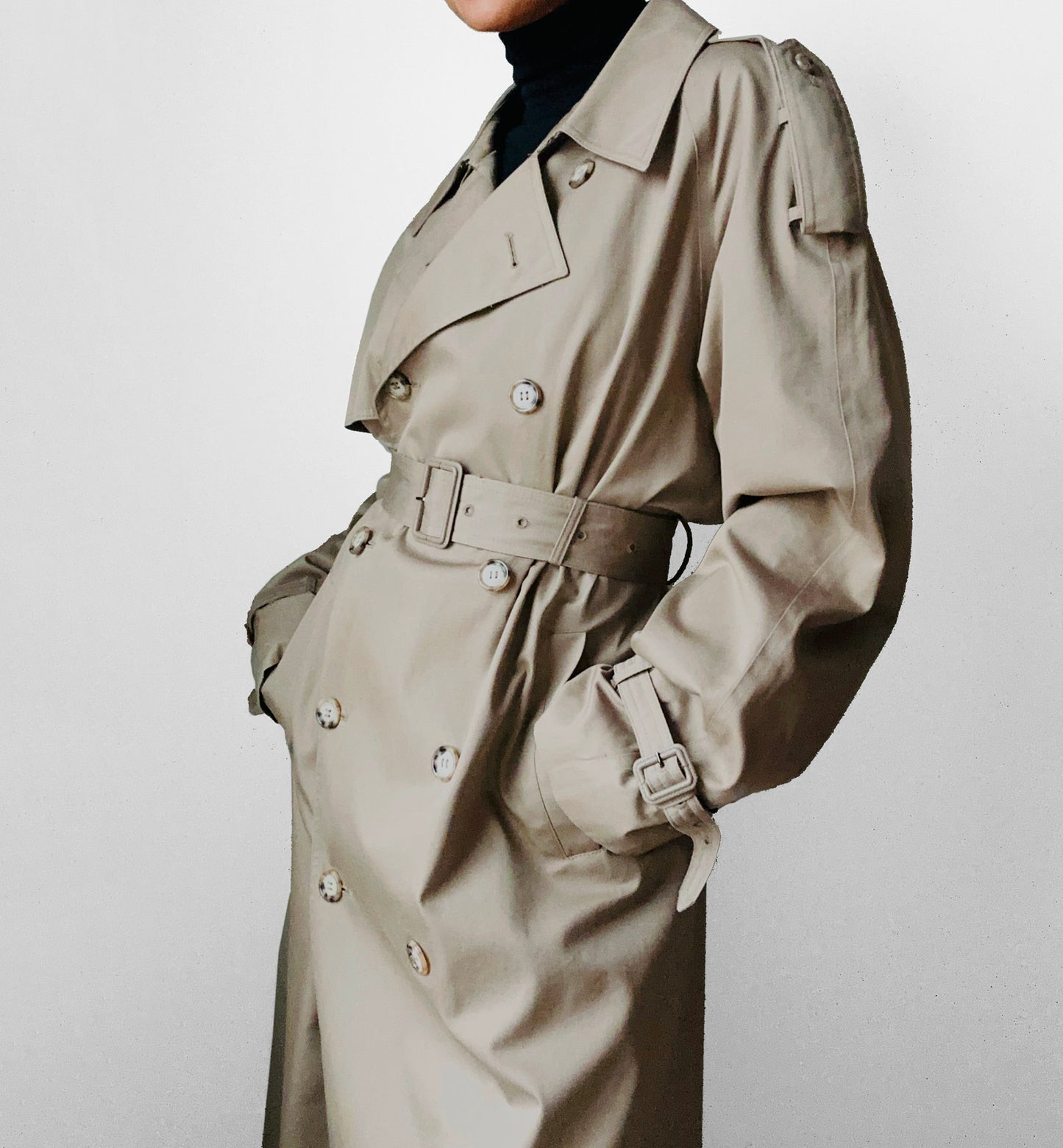 1970s - 1980s Tan Beige YSLR Yves Saint Laurent Double-Breasted Belted  Trench Coat - 42/Tall