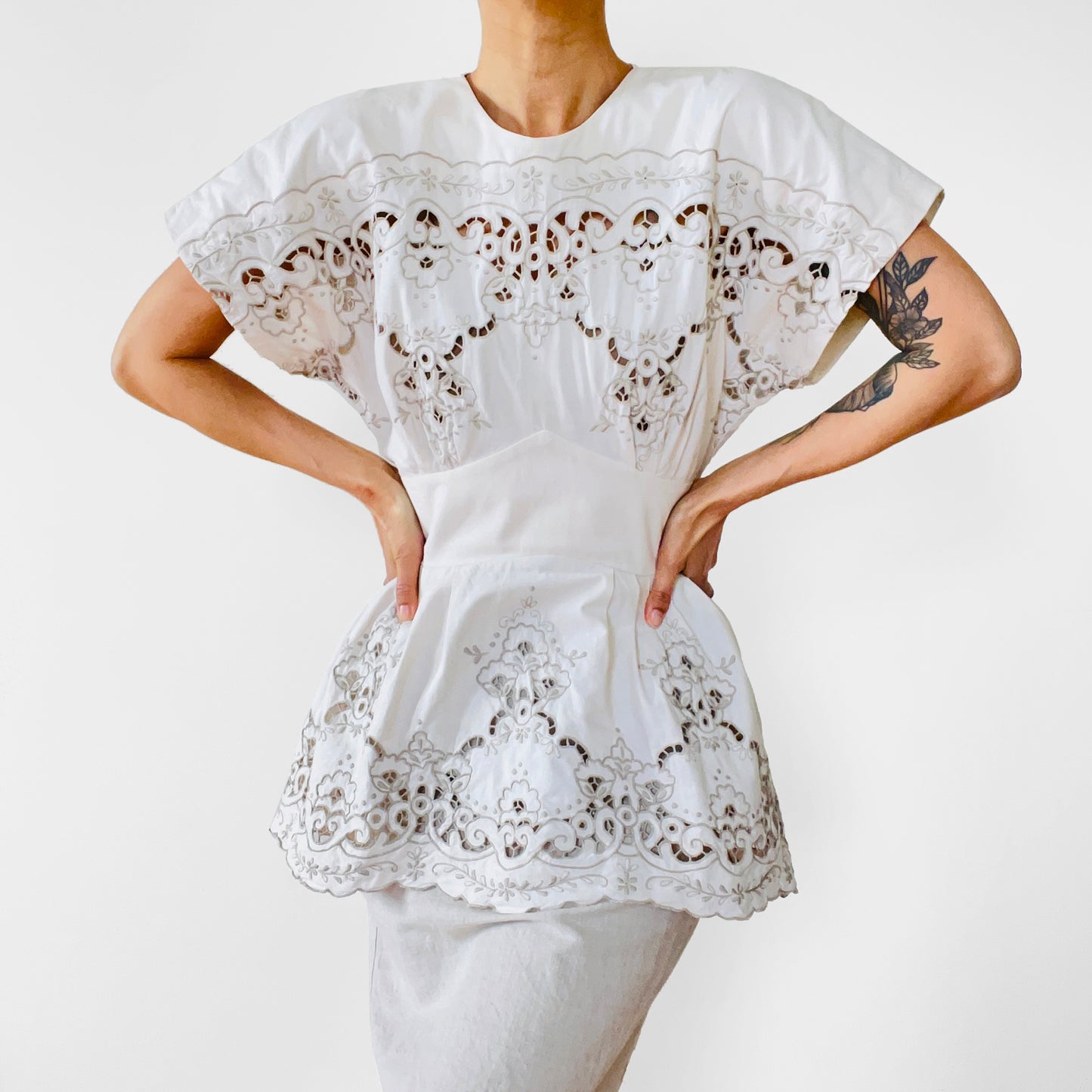 1980s Made in the USA Chiffon-White Eyelet Lace Floral Embroidered Peplum Knee-Length Dress