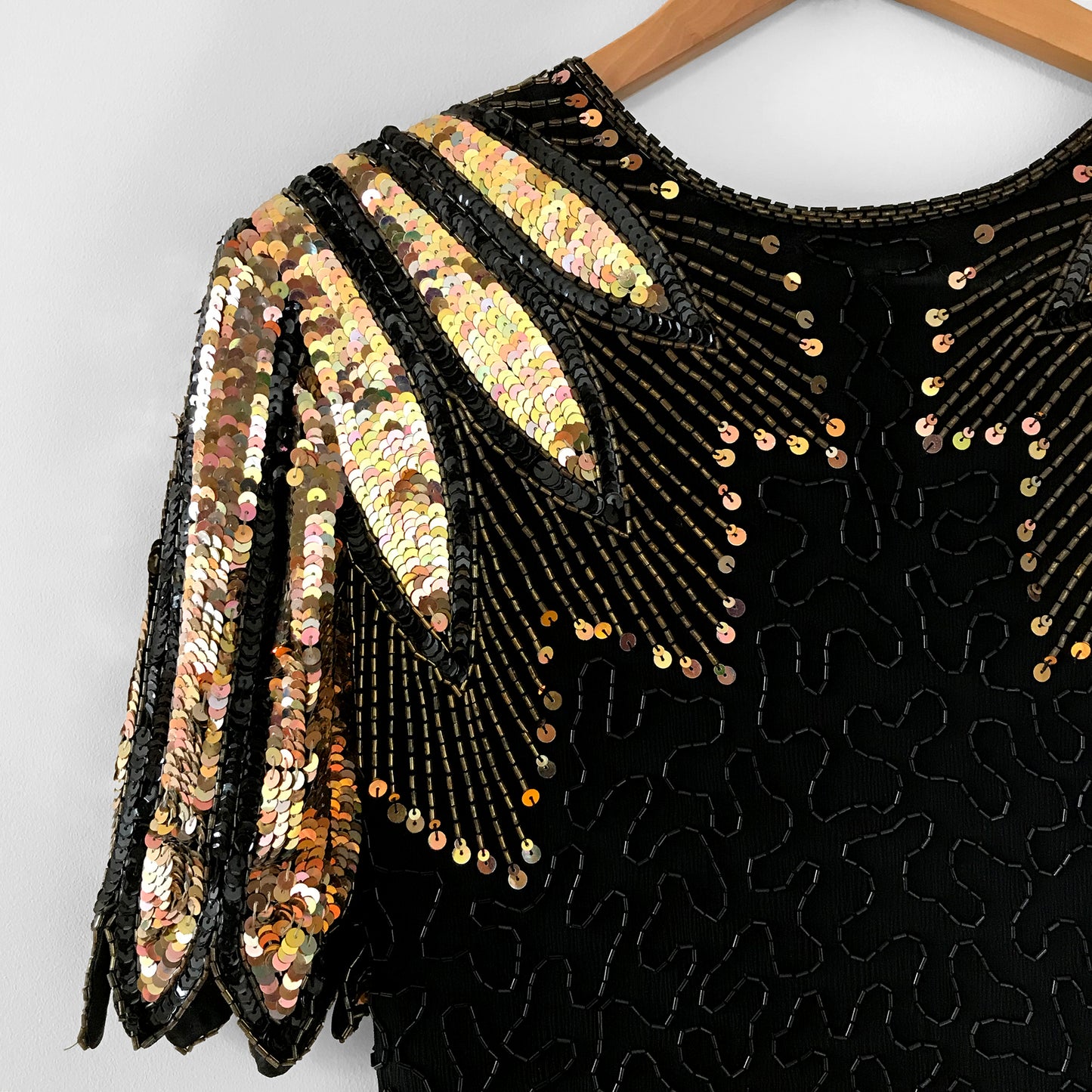 1980s Silk Black and Gold Sequins Beaded Fitted Wing Shoulder Knee-Length Party Dress