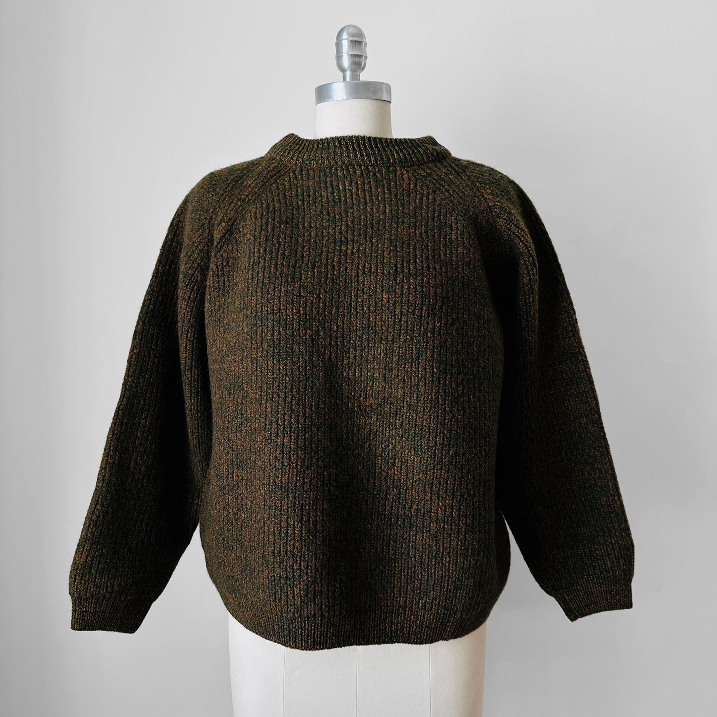 Dark Olive Green Flecked Heavy Wool Crop Ribbed Knit Sweater - Sz. S