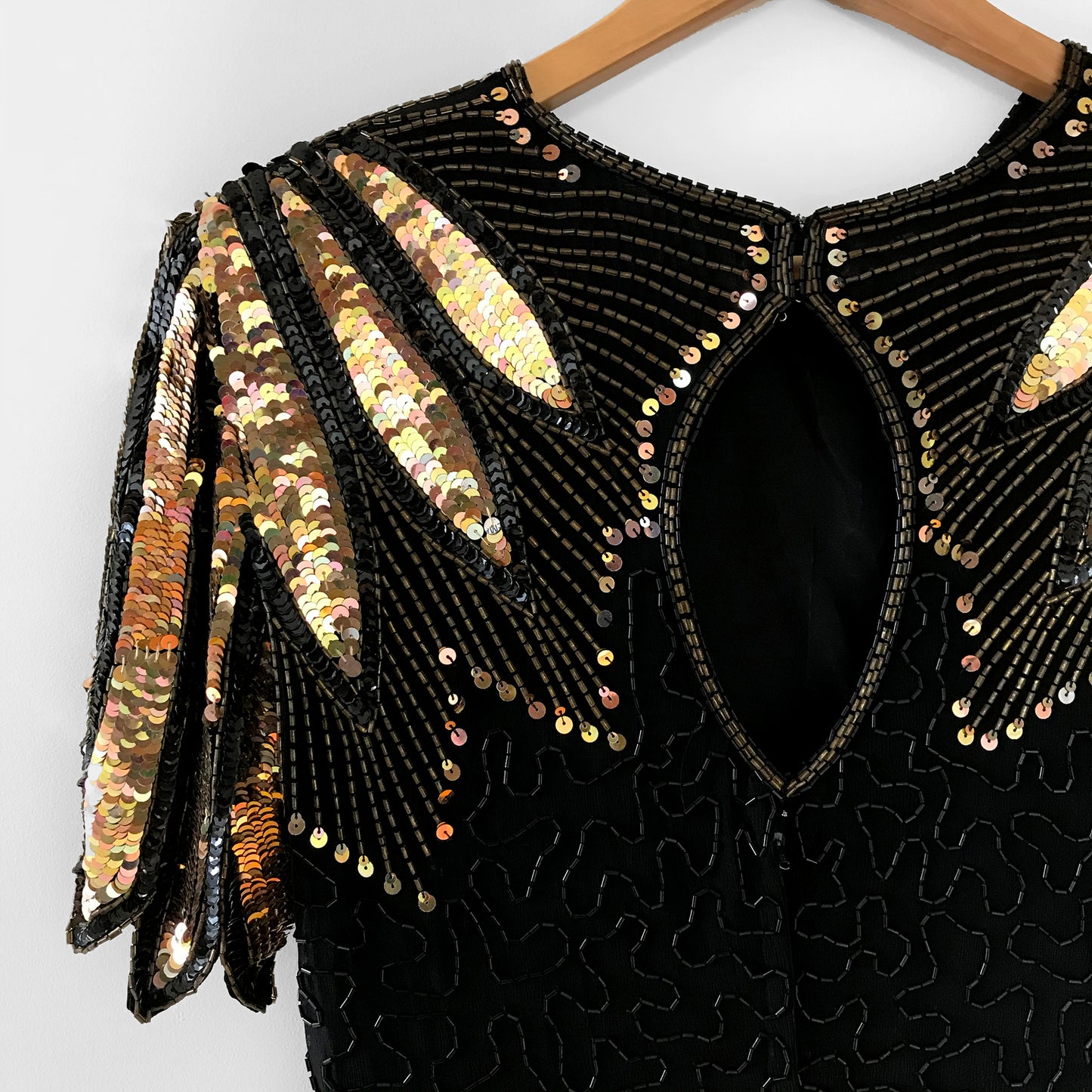 1980s Silk Black and Gold Sequins Beaded Fitted Wing Shoulder Knee-Length Party Dress