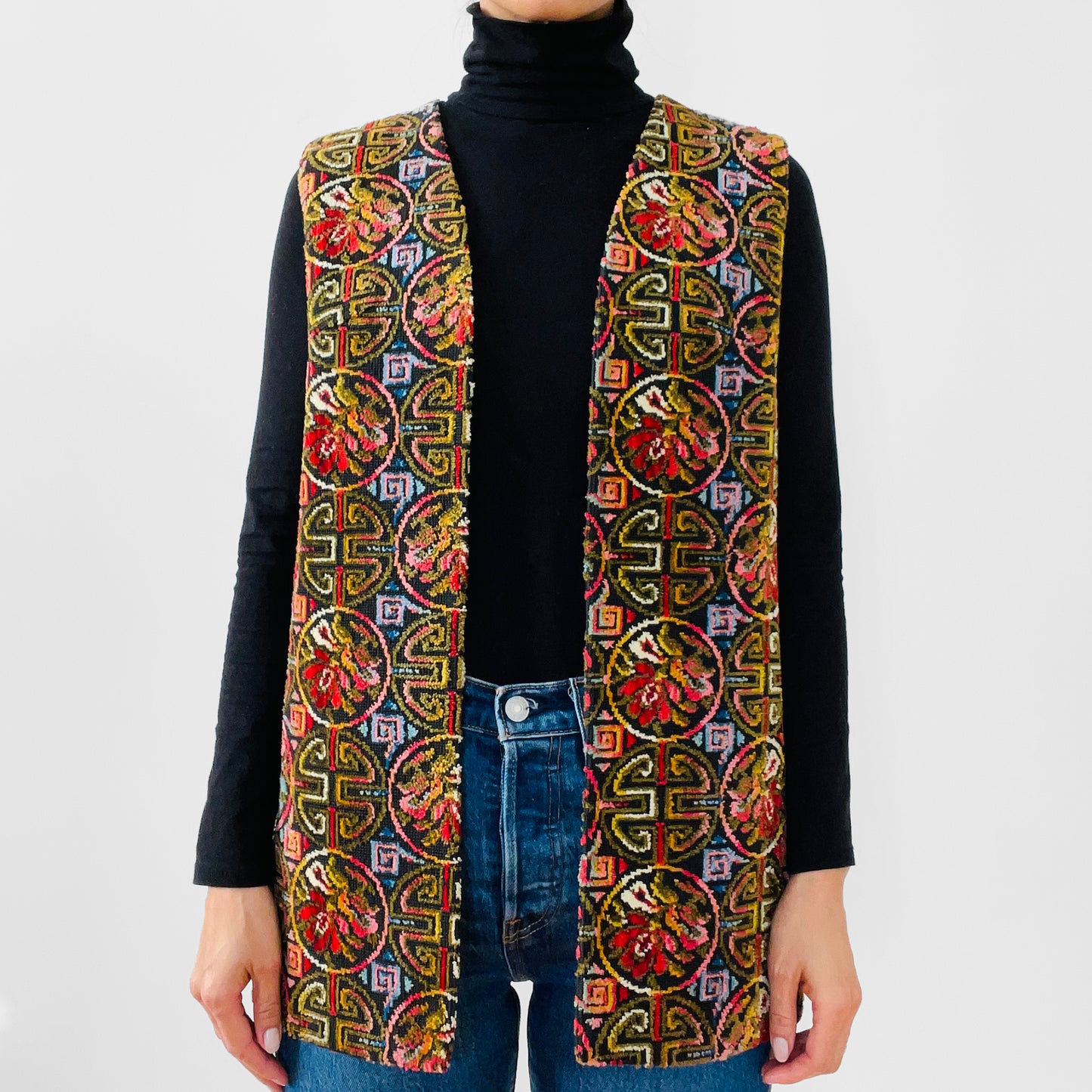 1960s - 1970s Woven Floral Open-Front Carpet Vest