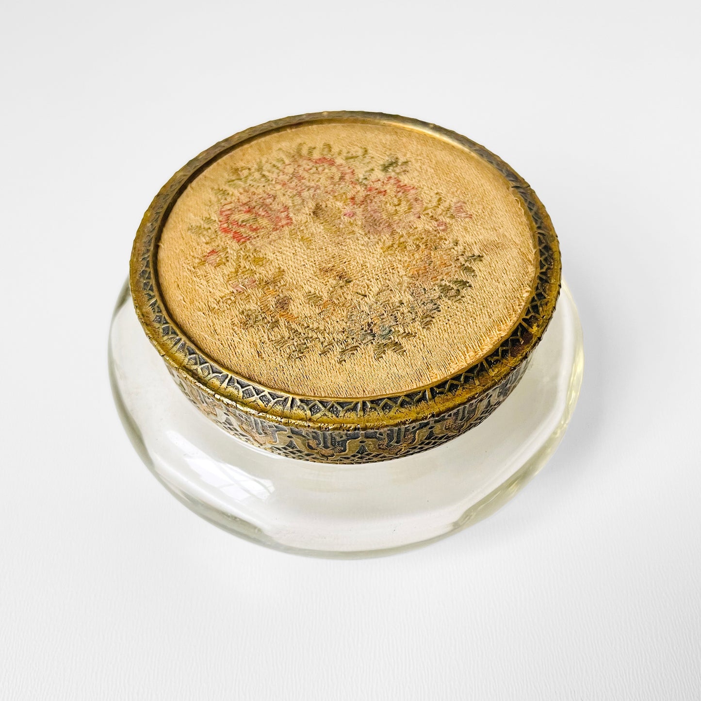 Silk Floral Embroidered Brass Lidded Vanity Jar