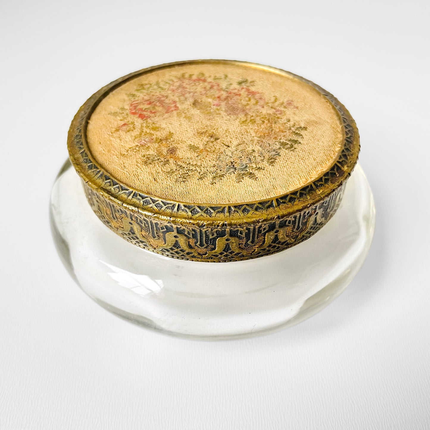 Silk Floral Embroidered Brass Lidded Vanity Jar