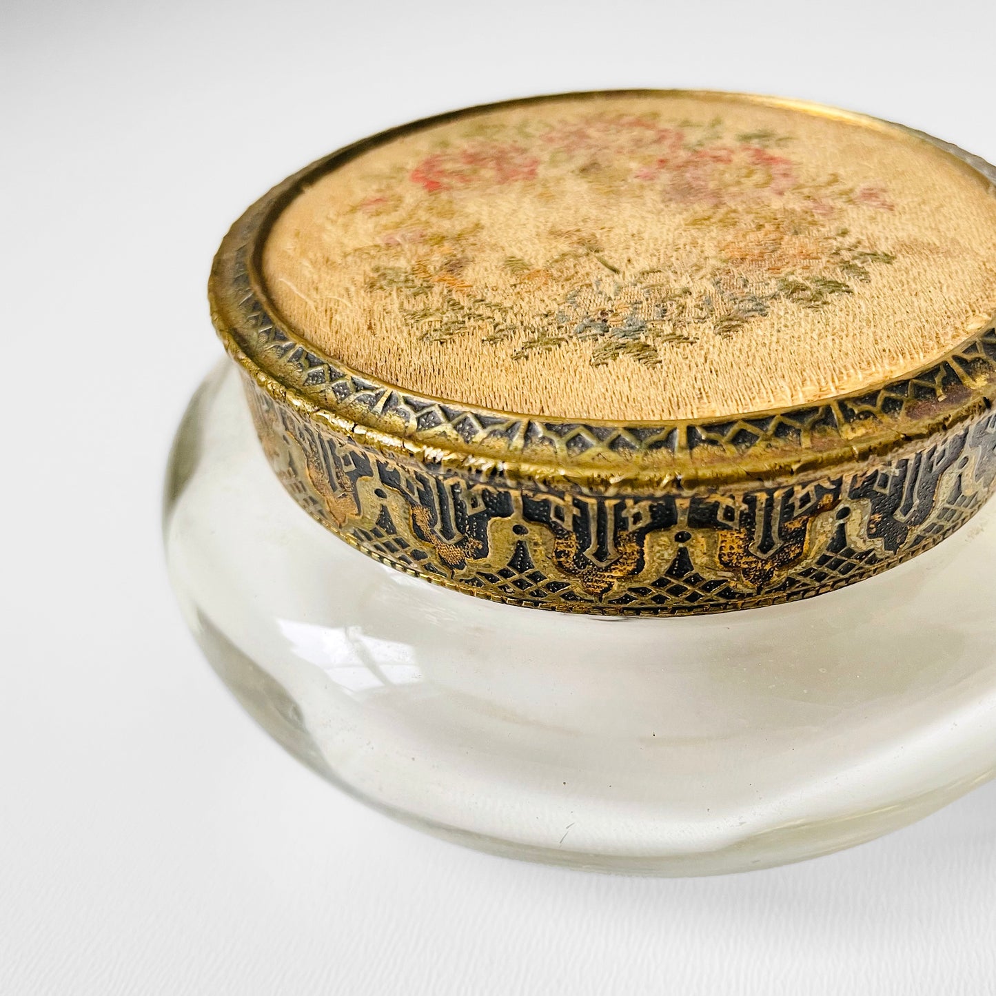 Silk Floral Embroidered Brass Lidded Vanity Jar