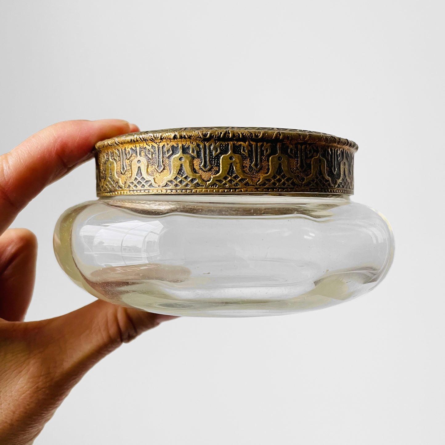 Silk Floral Embroidered Brass Lidded Vanity Jar