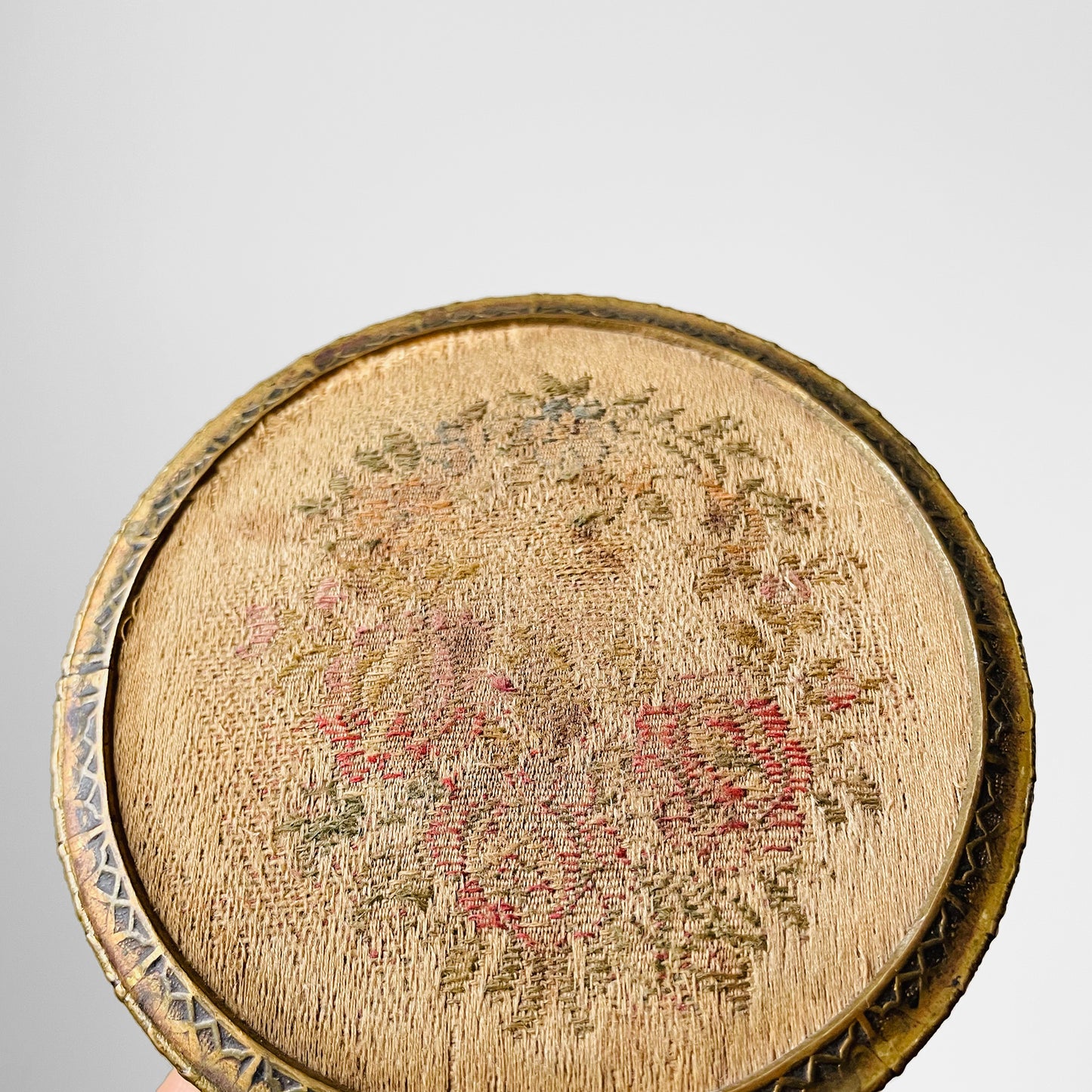 Silk Floral Embroidered Brass Lidded Vanity Jar