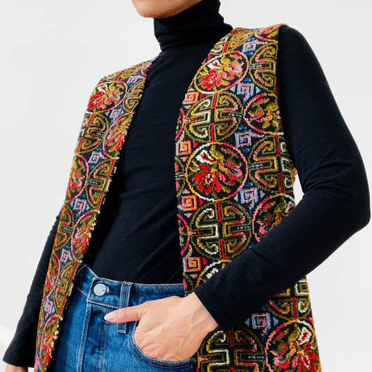 1960s - 1970s Woven Floral Open-Front Carpet Vest