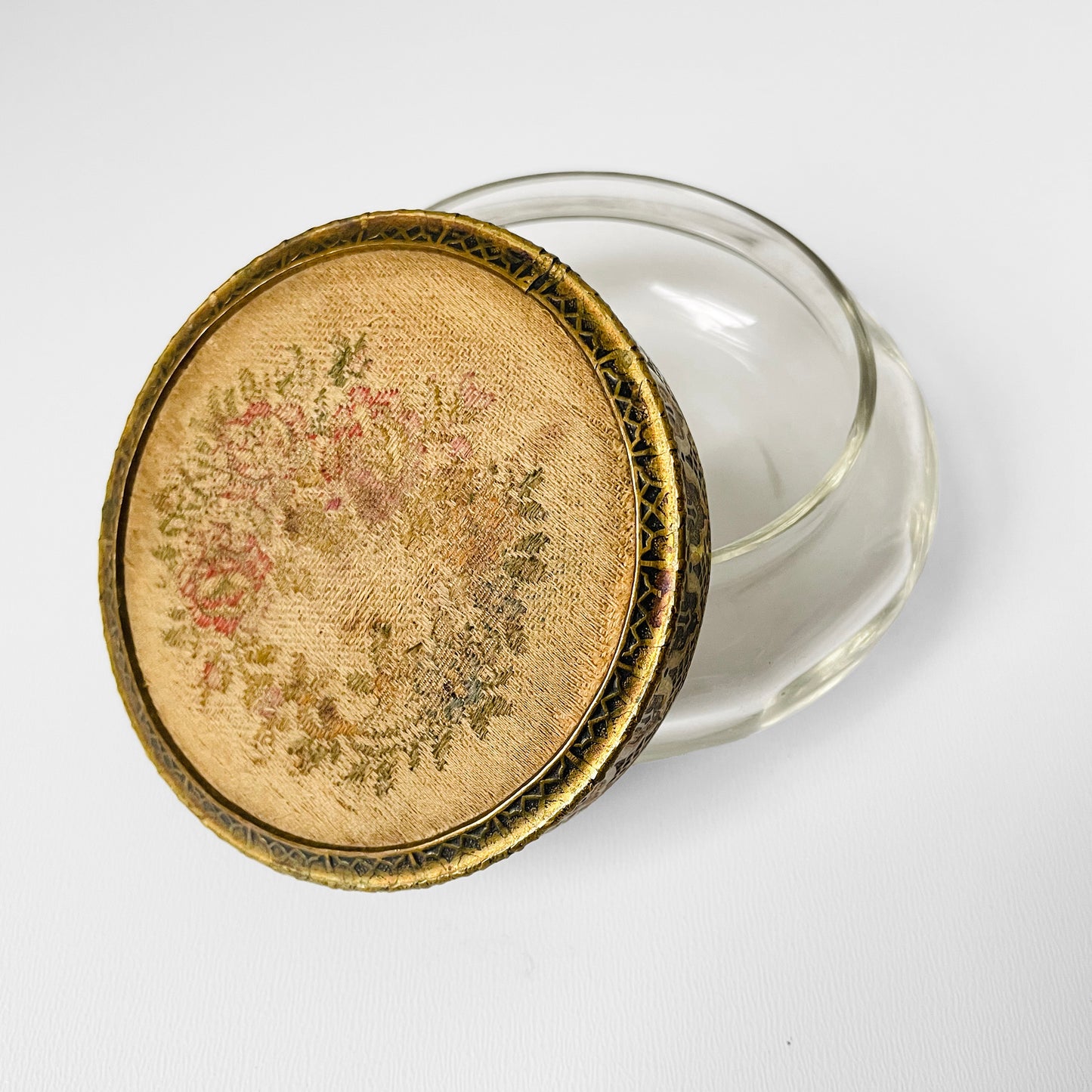 Silk Floral Embroidered Brass Lidded Vanity Jar