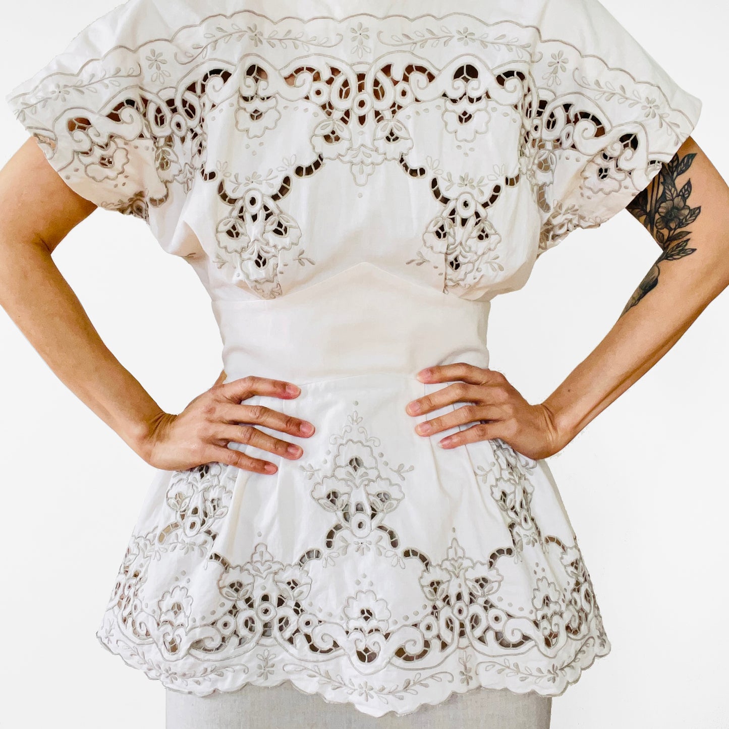 1980s Made in the USA Chiffon-White Eyelet Lace Floral Embroidered Peplum Knee-Length Dress