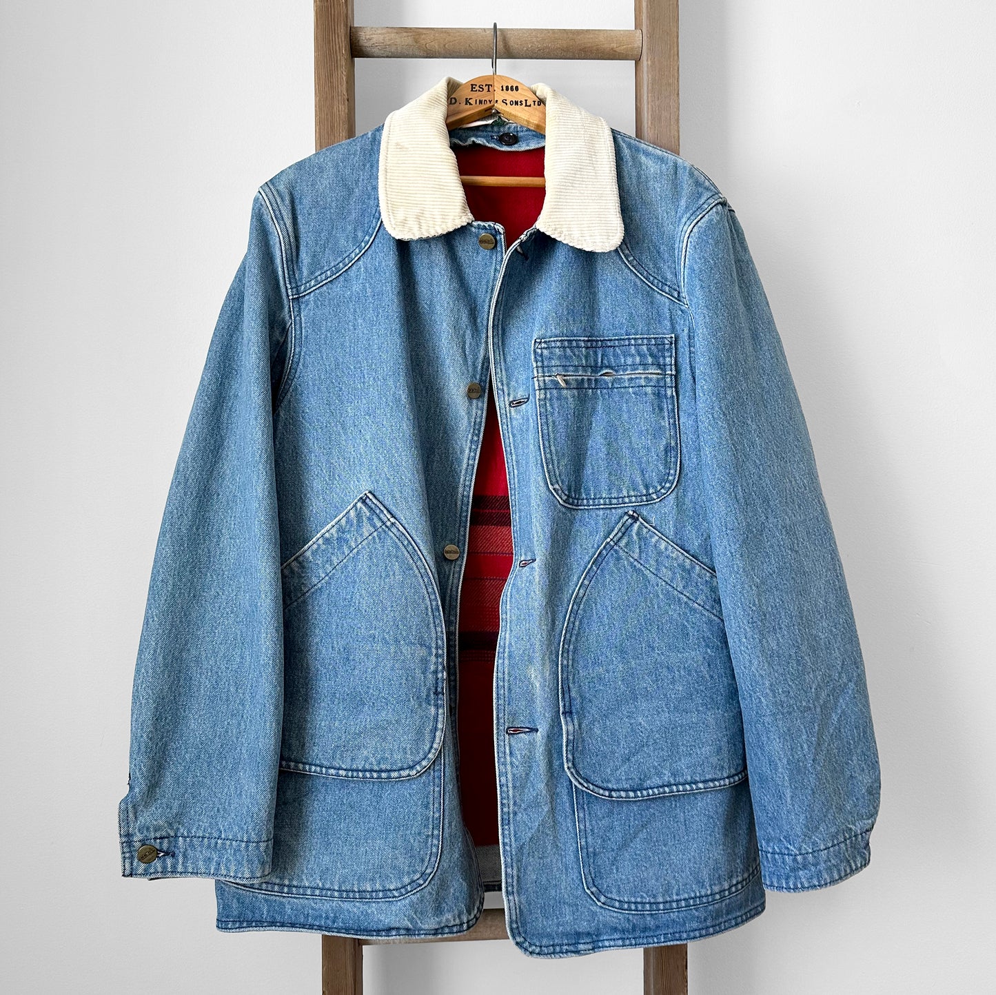 1980s LL Bean Light Wash Denim and Wool Corduroy Collar Chore Jacket with Removable Lining - S/M