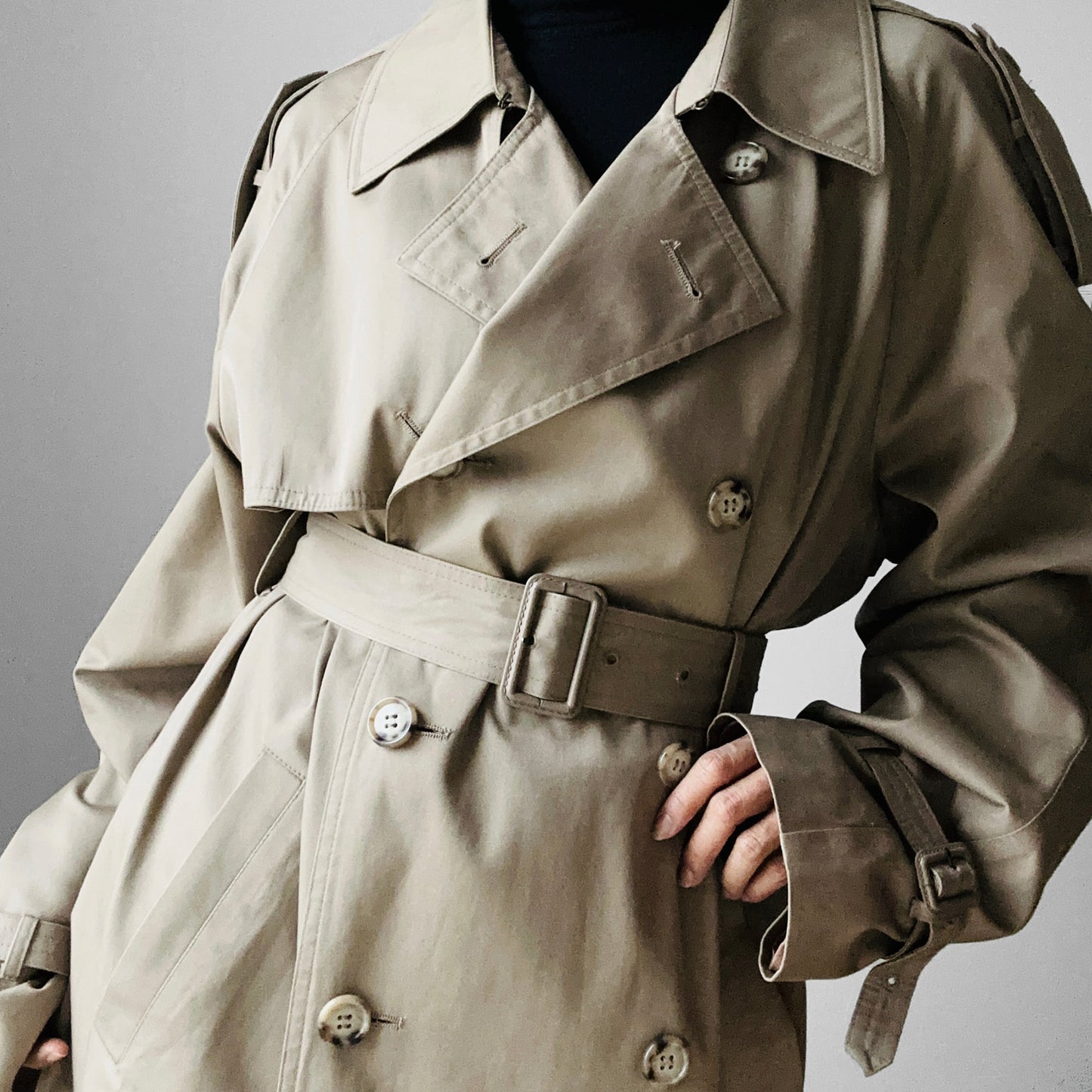 1970s - 1980s Tan Beige YSLR Yves Saint Laurent Double-Breasted Belted Trench Coat - 42/Tall