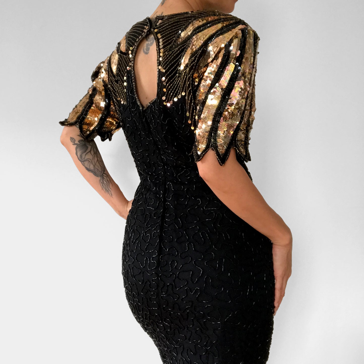 1980s Silk Black and Gold Sequins Beaded Fitted Wing Shoulder Knee-Length Party Dress