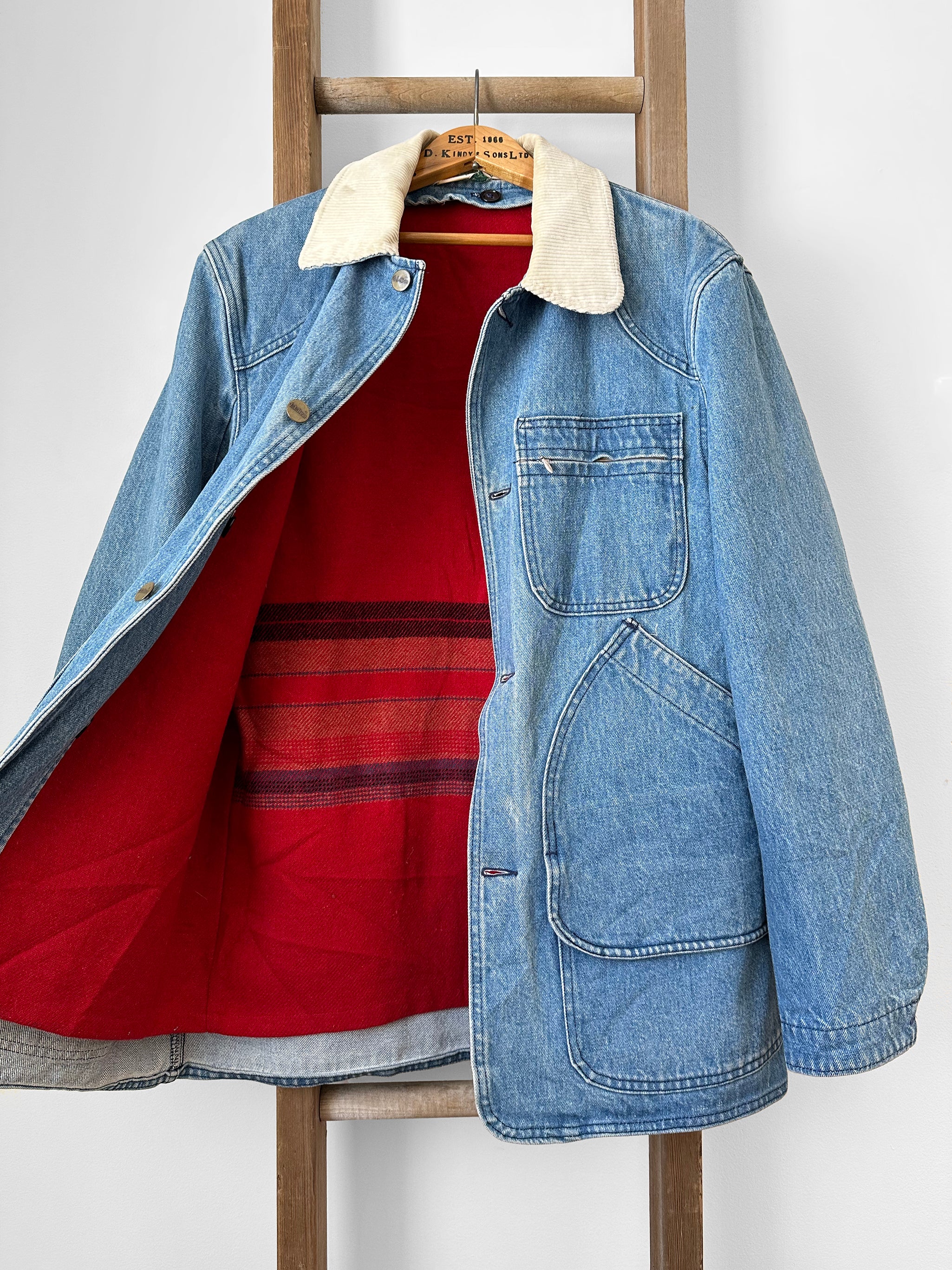 1980s LL Bean Light Wash Denim and Wool Corduroy Collar Chore Jacket with  Removable Lining - S/M