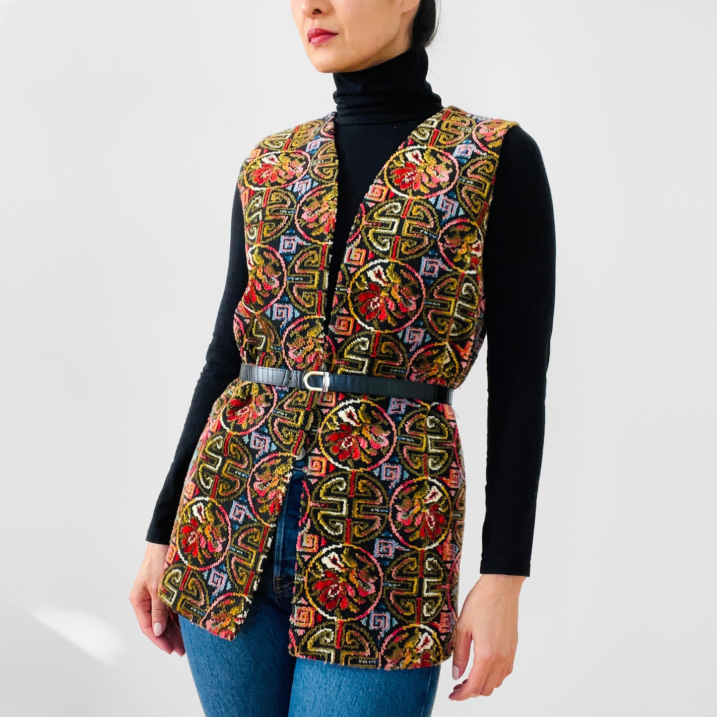 1960s - 1970s Woven Floral Open-Front Carpet Vest