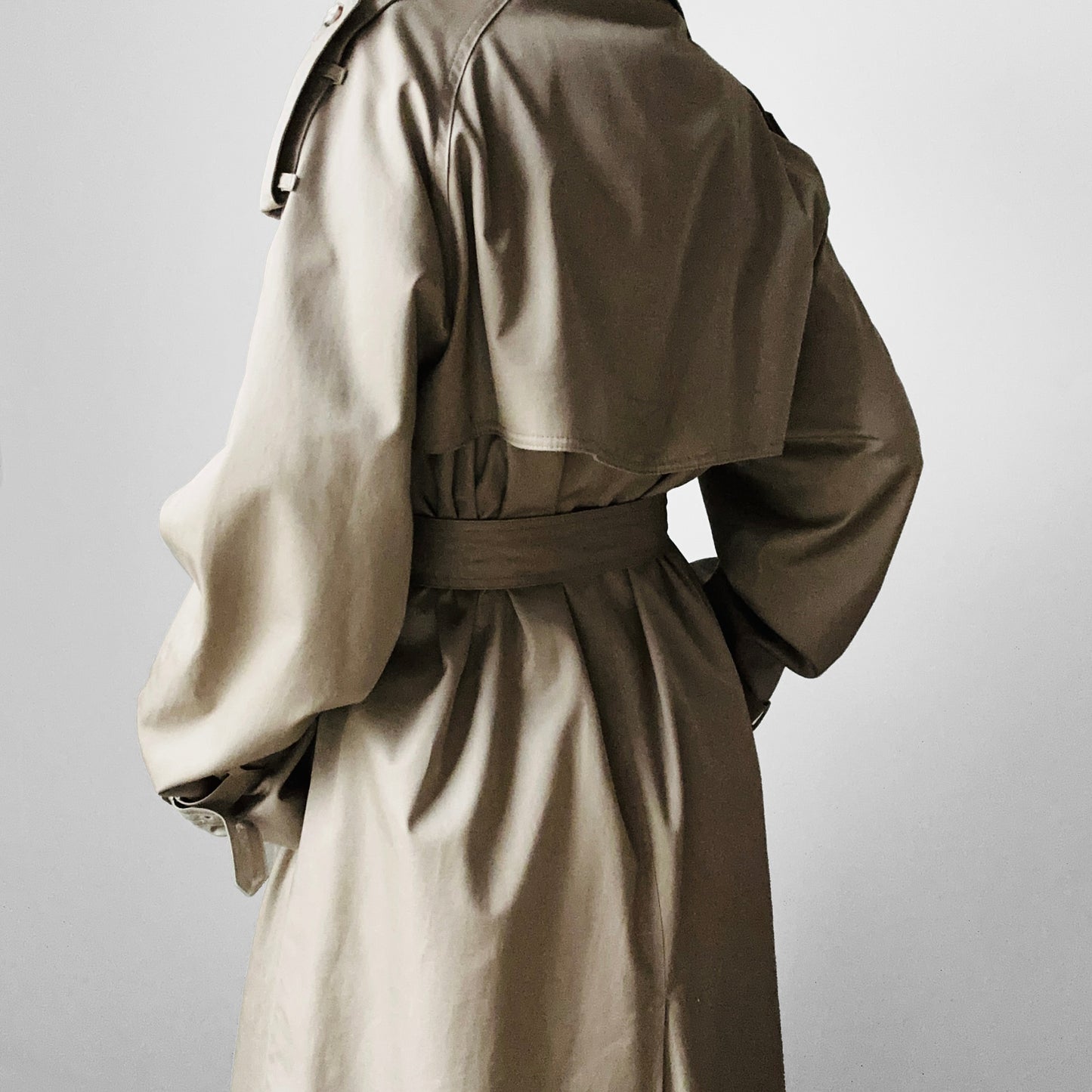 1970s - 1980s Tan Beige YSLR Yves Saint Laurent Double-Breasted Belted Trench Coat - 42/Tall