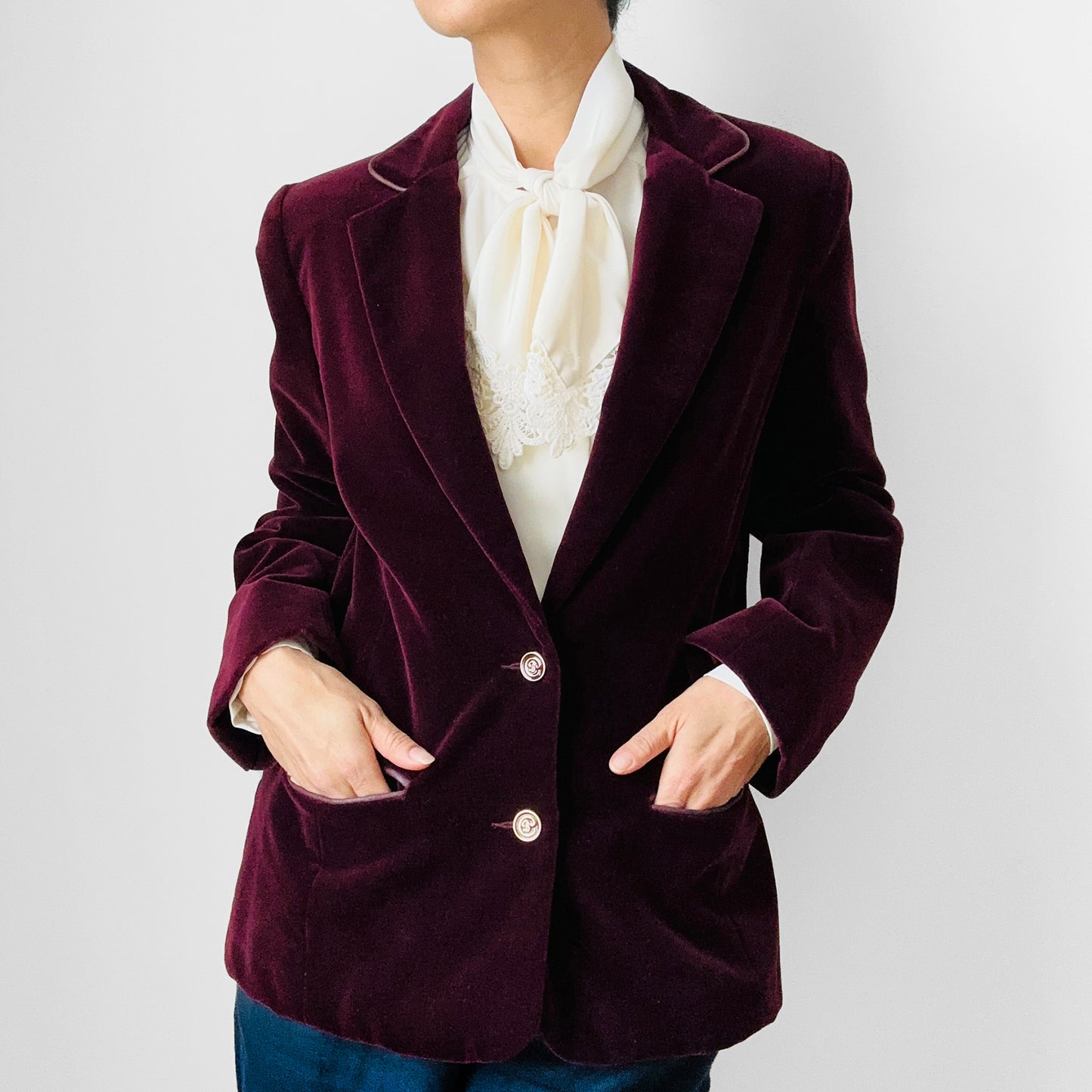 1960s - 1970s Plum Wine Cotton Velvet Fitted Blazer Jacket - Sz. S