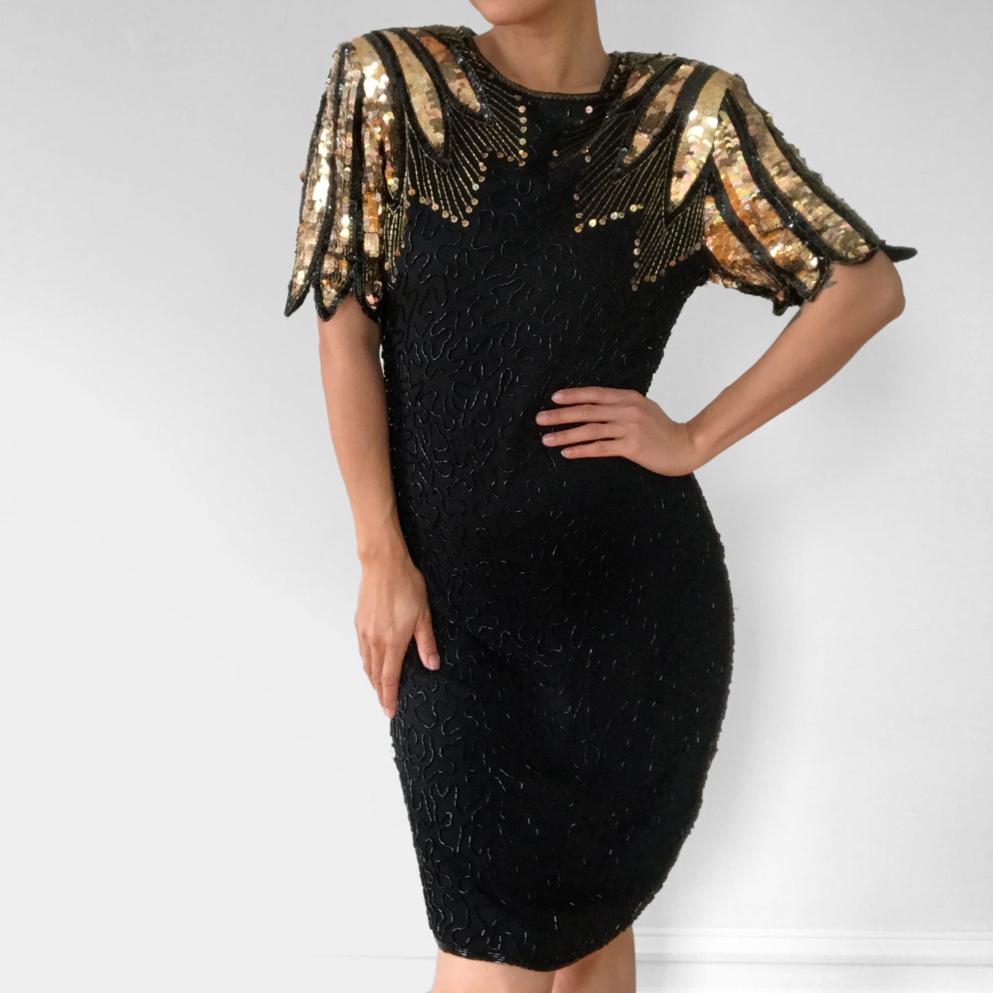 1980s Silk Black and Gold Sequins Beaded Fitted Wing Shoulder Knee-Length Party Dress