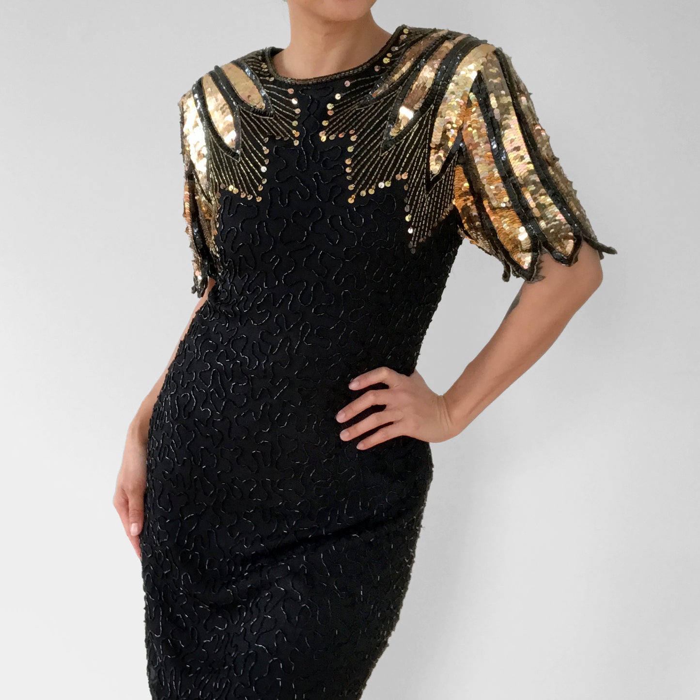 1980s Silk Black and Gold Sequins Beaded Fitted Wing Shoulder Knee-Length Party Dress