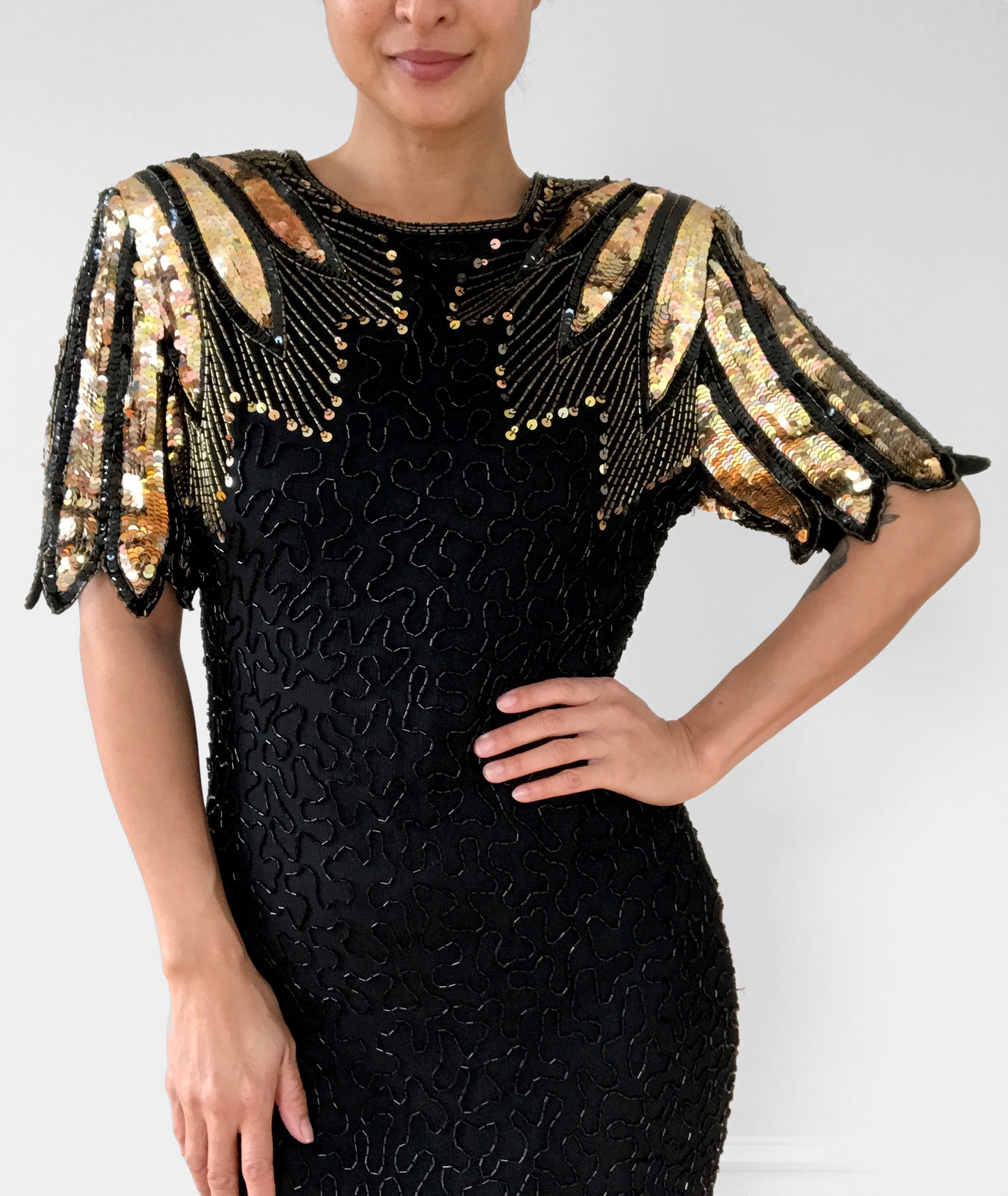 1980s Silk Black and Gold Sequins Beaded Fitted Wing Shoulder Knee-Length Party Dress