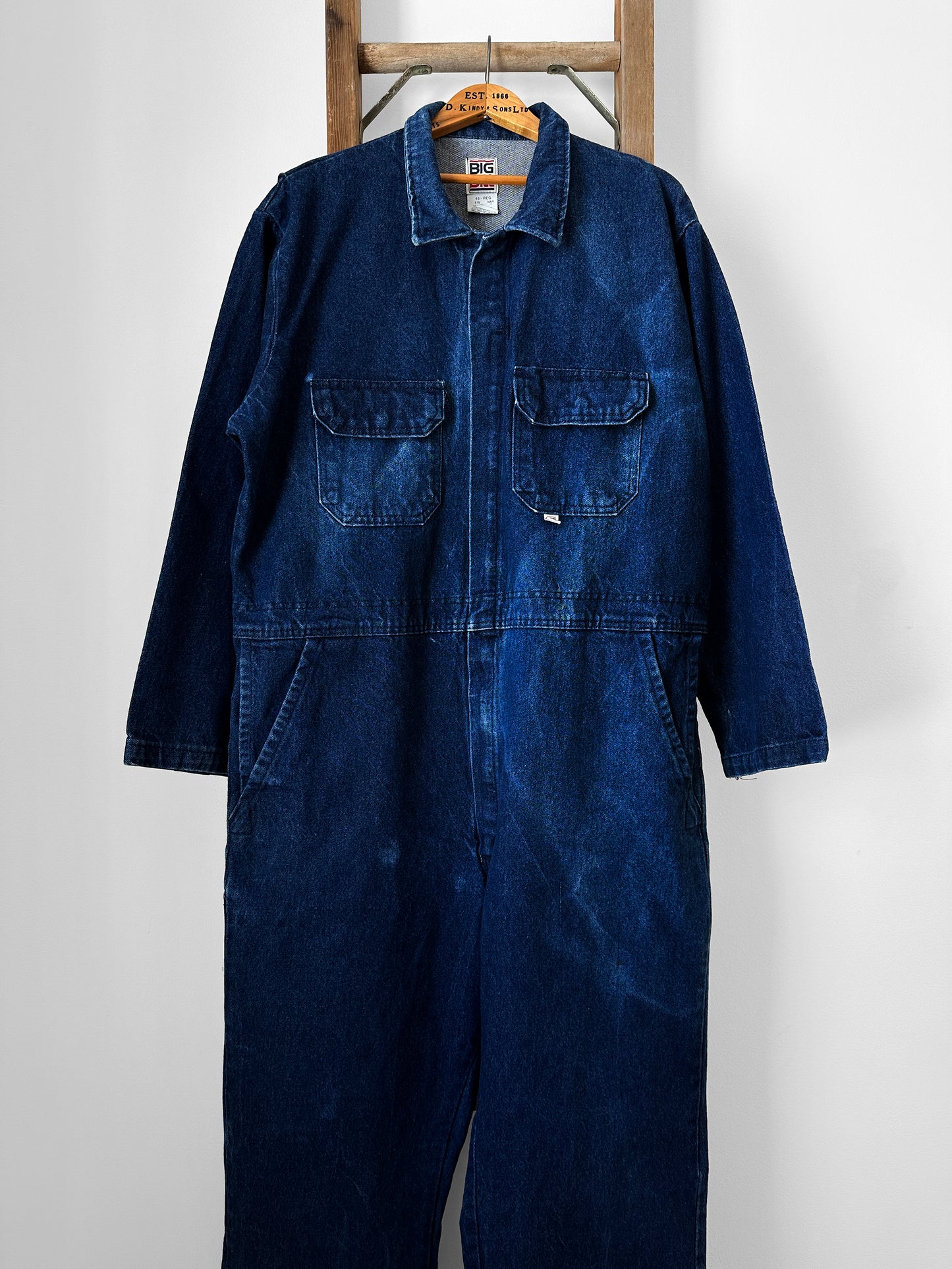 Made in Canada Dark Wash Blue Big and Tall Distressed Well-Worn Mechanics Denim Jean Coverall - Reg. 48