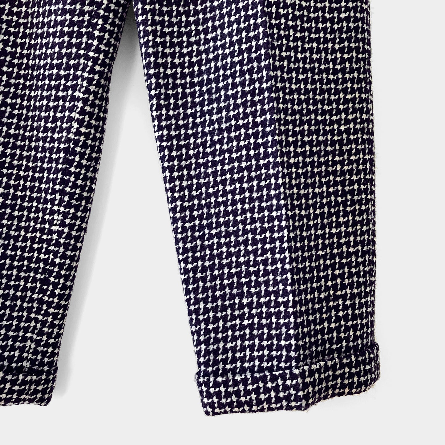 1990s Navy Houndstooth Wool-Blend High-Waisted Side-Button Pants