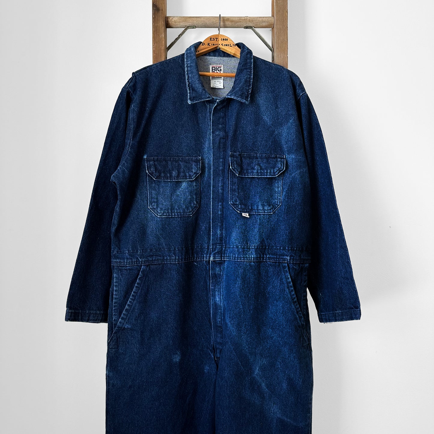 Made in Canada Dark Wash Blue Big and Tall Distressed Well-Worn Mechanics Denim Jean Coverall - Reg. 48