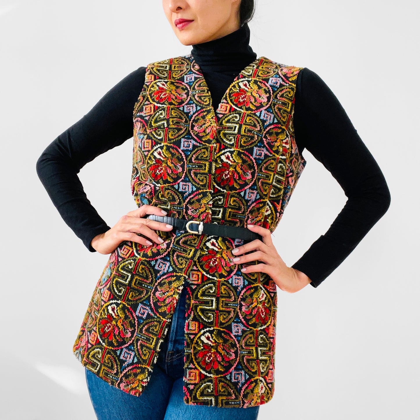 1960s - 1970s Woven Floral Open-Front Carpet Vest