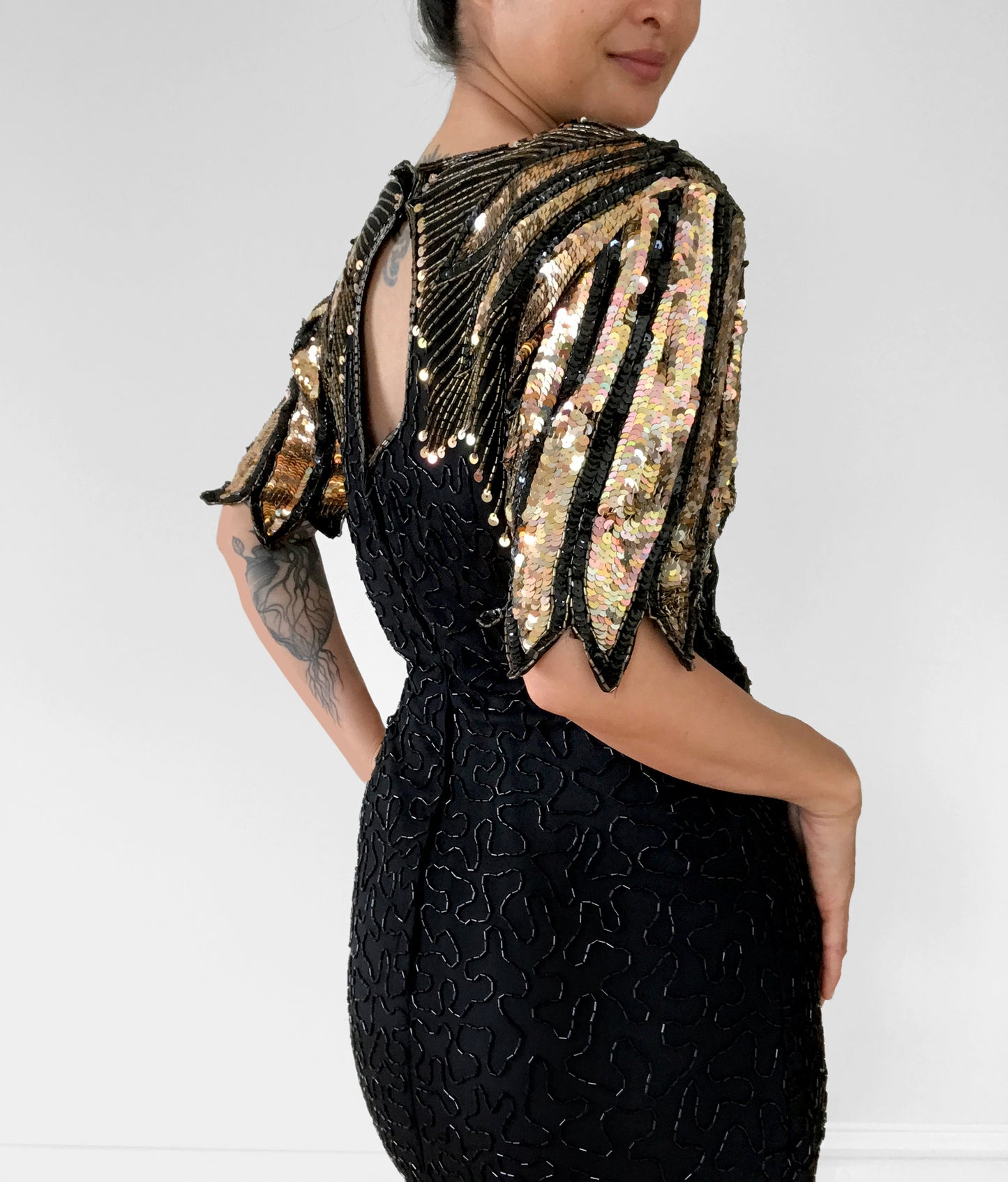 1980s Silk Black and Gold Sequins Beaded Fitted Wing Shoulder Knee-Length Party Dress