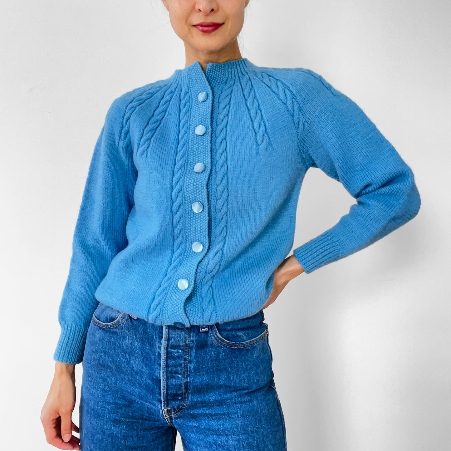 1970s Sky-Blue Button-Front Cable-Knit Cardigan Sweater