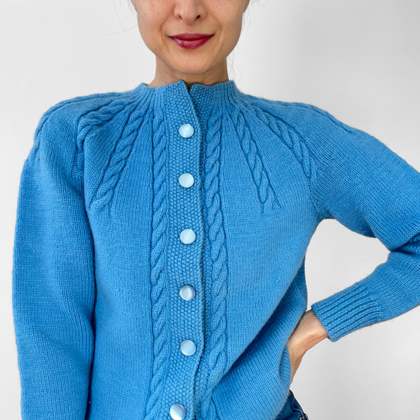 1970s Sky-Blue Button-Front Cable-Knit Cardigan Sweater