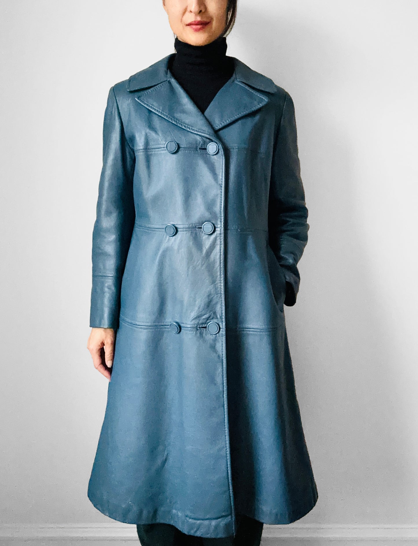 1970s Slate Blue Leather Midi-Length Quilted Coat - S/M