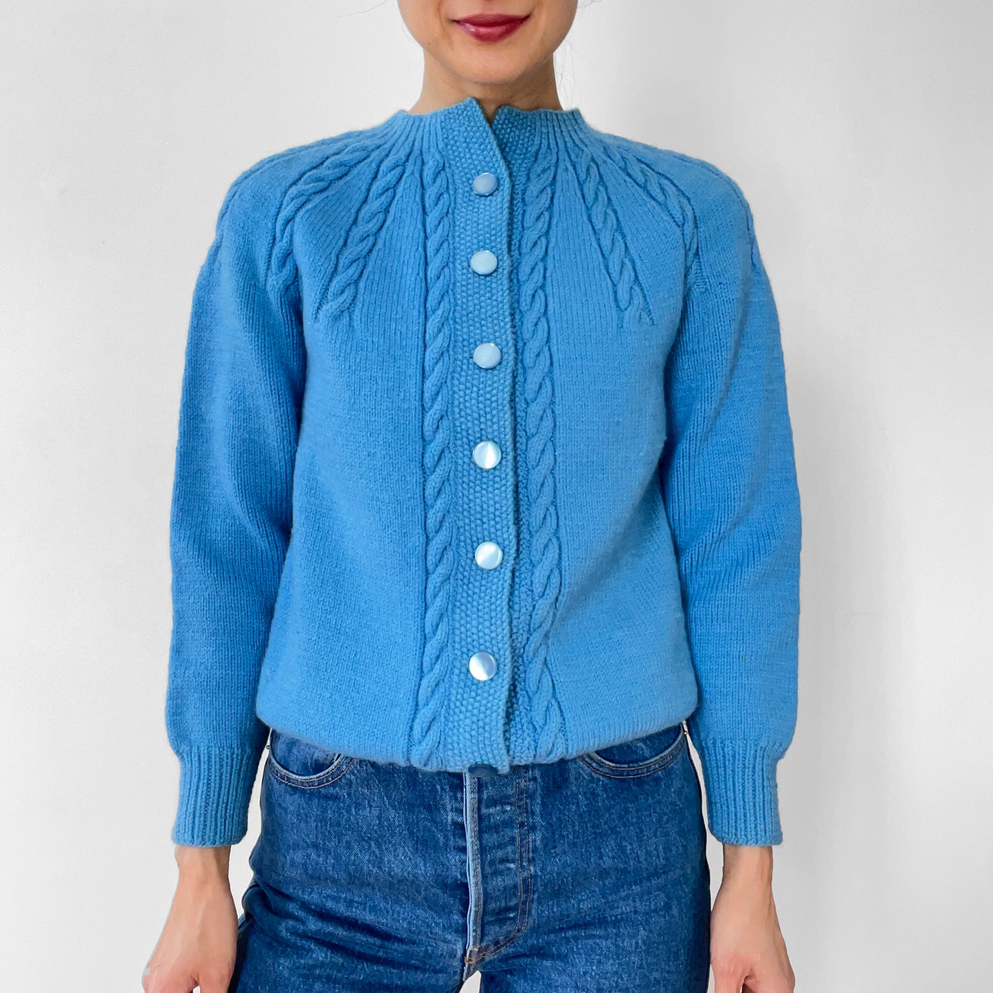 1970s Sky-Blue Button-Front Cable-Knit Cardigan Sweater