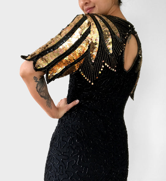 1980s Silk Black and Gold Sequins Beaded Fitted Wing Shoulder Knee-Length Party Dress