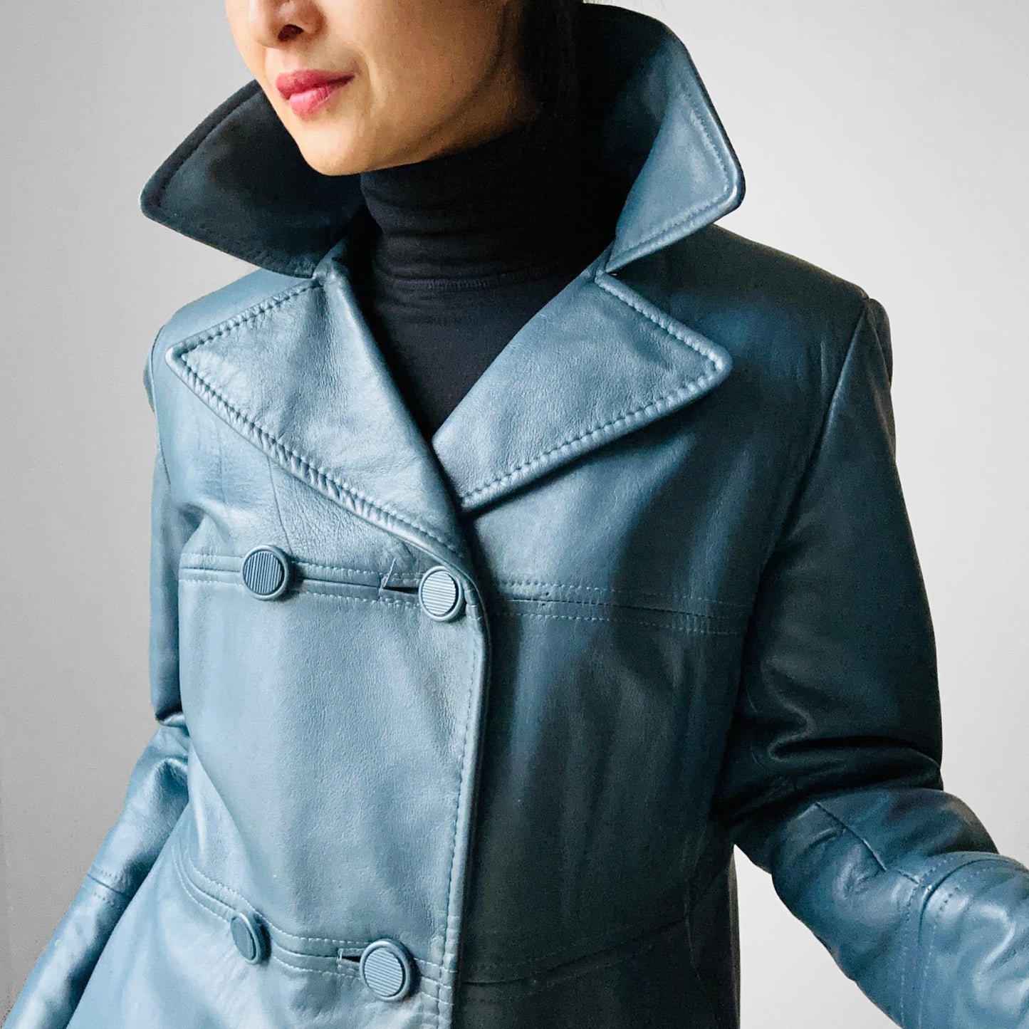 1970s Slate Blue Leather Midi-Length Quilted Coat - S/M