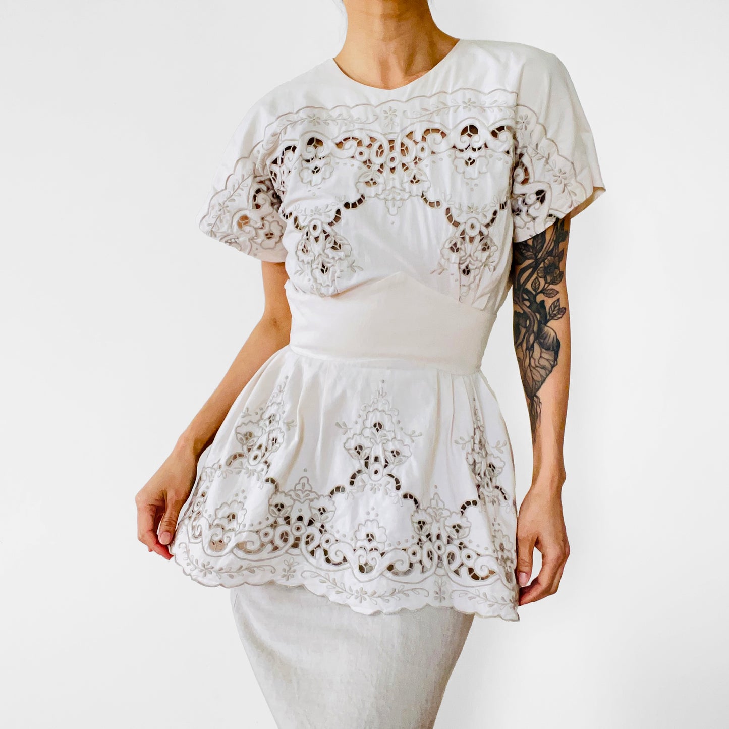 1980s Made in the USA Chiffon-White Eyelet Lace Floral Embroidered Peplum Knee-Length Dress