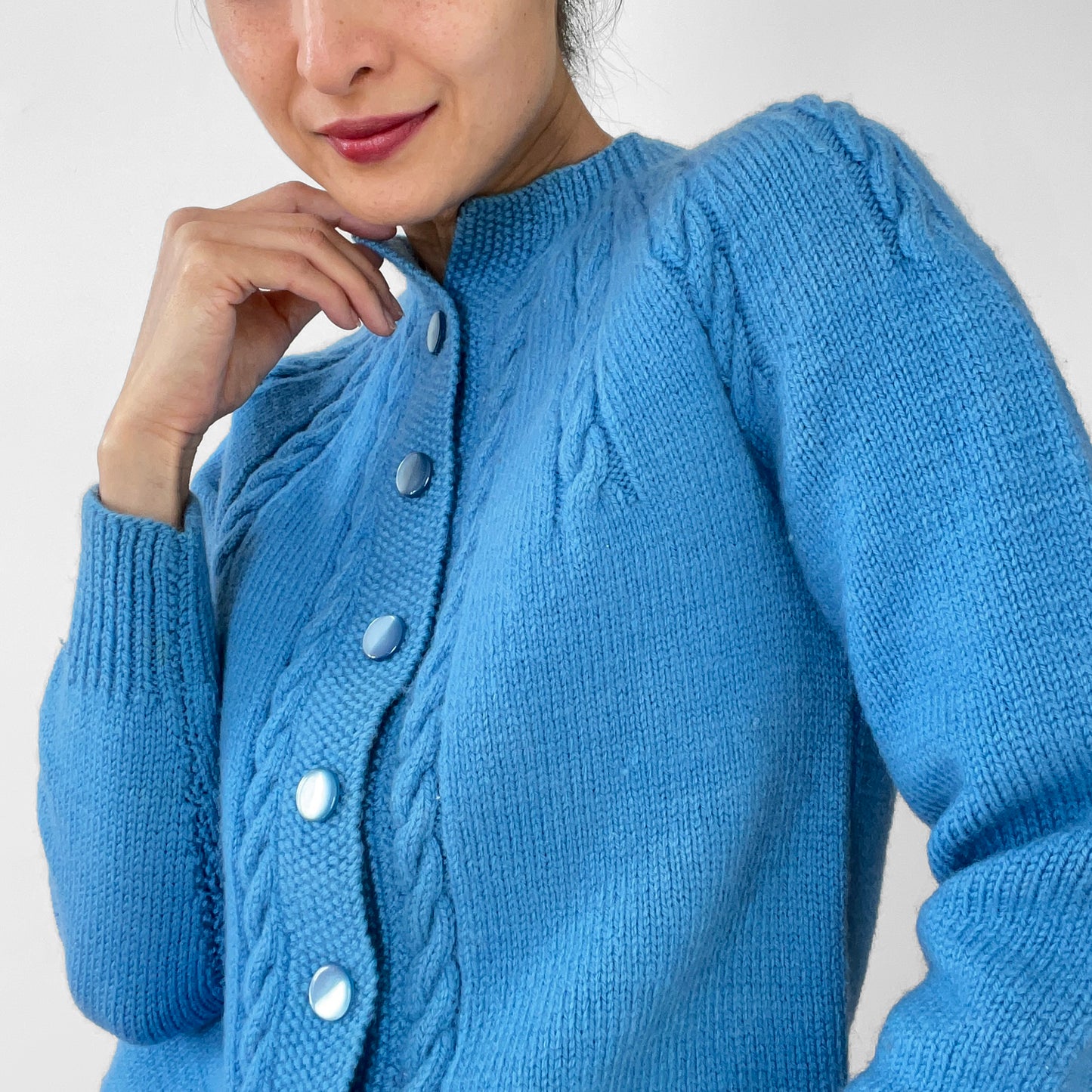 1970s Sky-Blue Button-Front Cable-Knit Cardigan Sweater