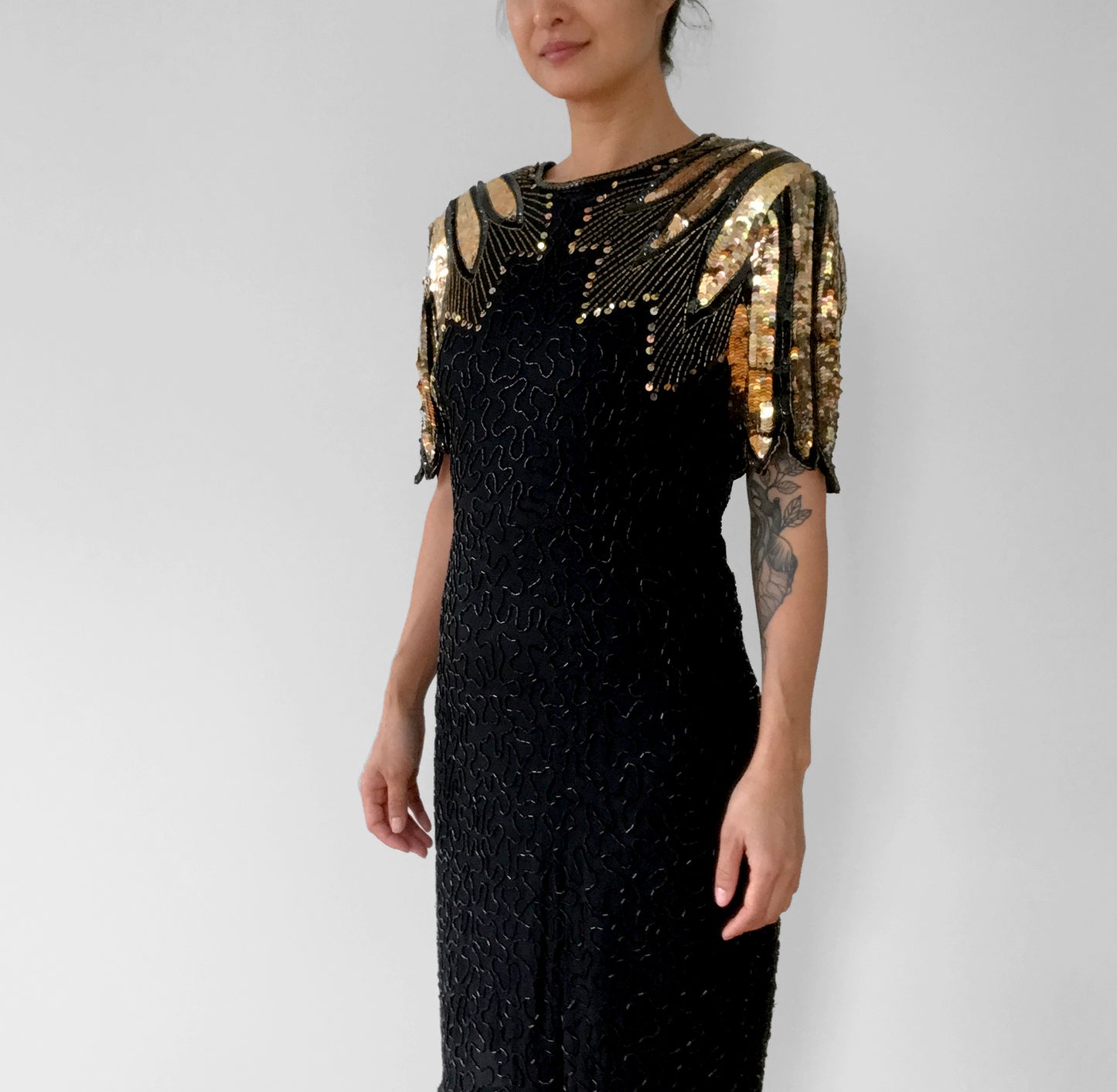 1980s Silk Black and Gold Sequins Beaded Fitted Wing Shoulder Knee-Length Party Dress