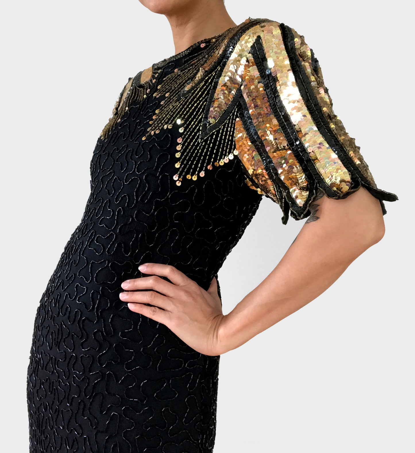 1980s Silk Black and Gold Sequins Beaded Fitted Wing Shoulder Knee-Length Party Dress