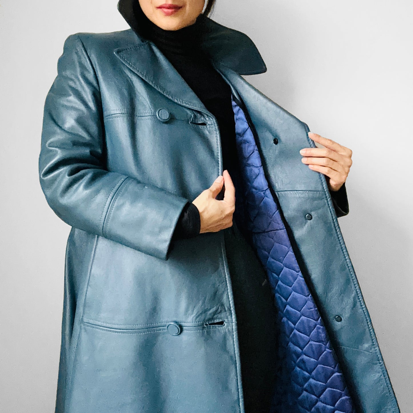 1970s Slate Blue Leather Midi-Length Quilted Coat - S/M