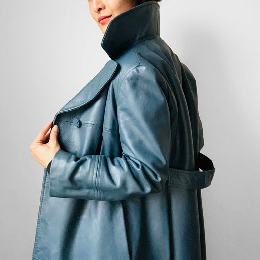 1970s Slate Blue Leather Midi-Length Quilted Coat - S/M