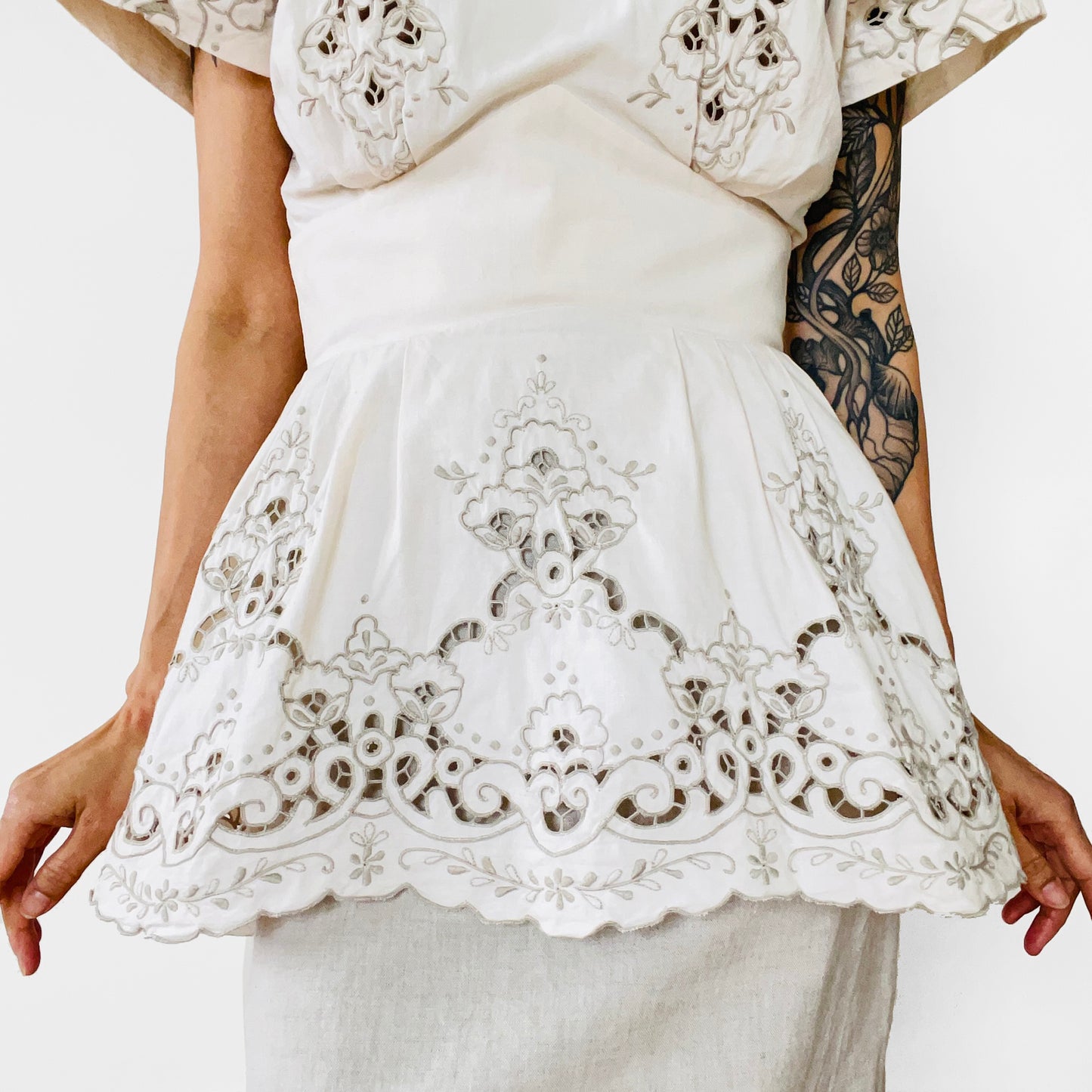 1980s Made in the USA Chiffon-White Eyelet Lace Floral Embroidered Peplum Knee-Length Dress