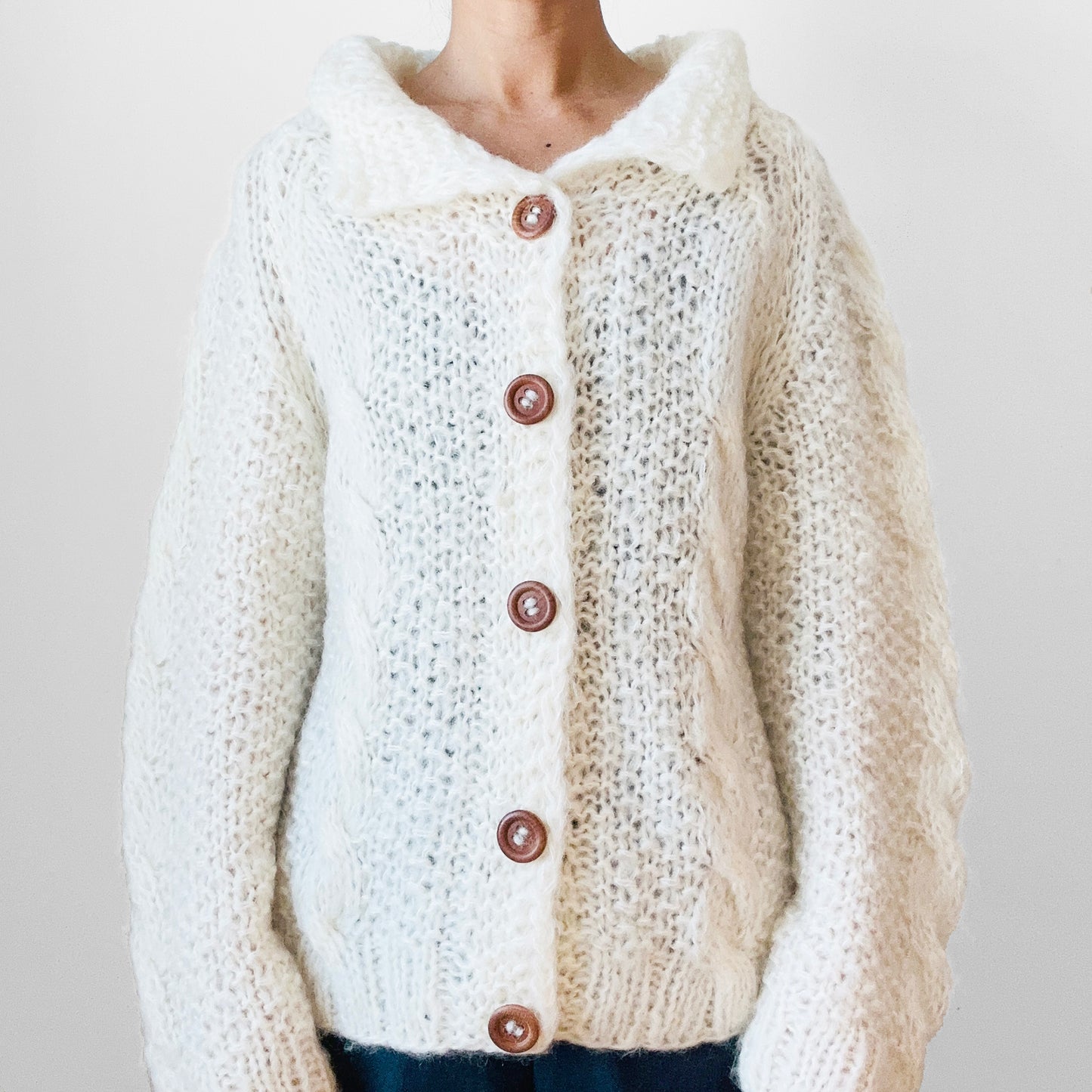 1970s Soft Lightweight Made in Italy Cream Dreamy Wood Button Cardigan Sweater