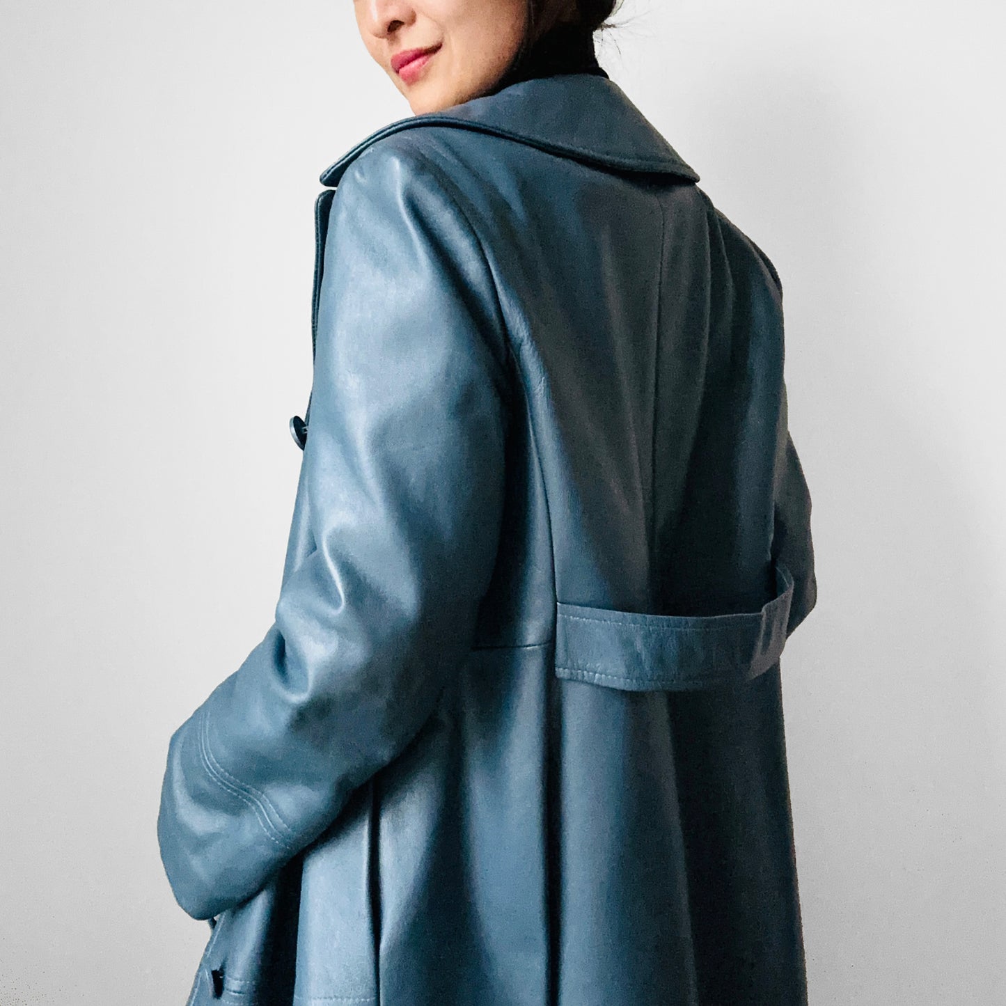 1970s Slate Blue Leather Midi-Length Quilted Coat - S/M