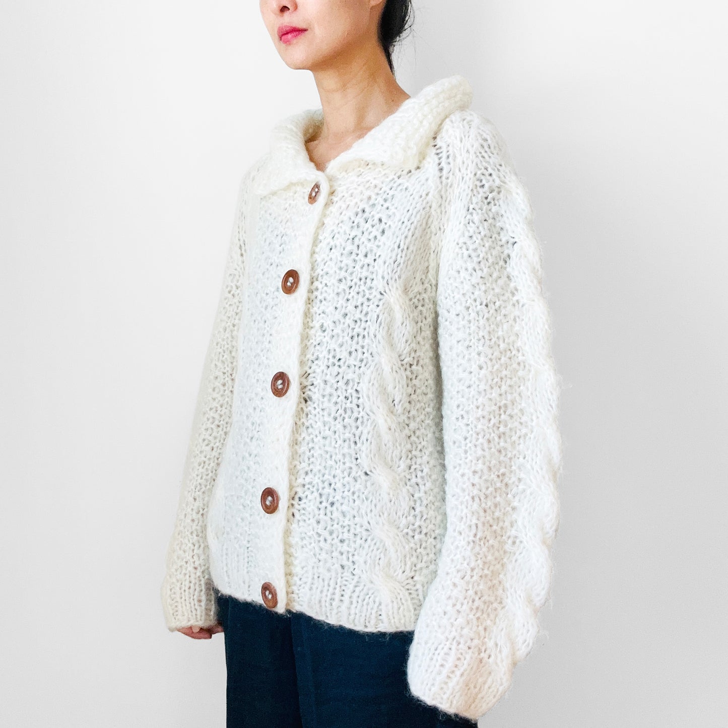 1970s Soft Lightweight Made in Italy Cream Dreamy Wood Button Cardigan Sweater