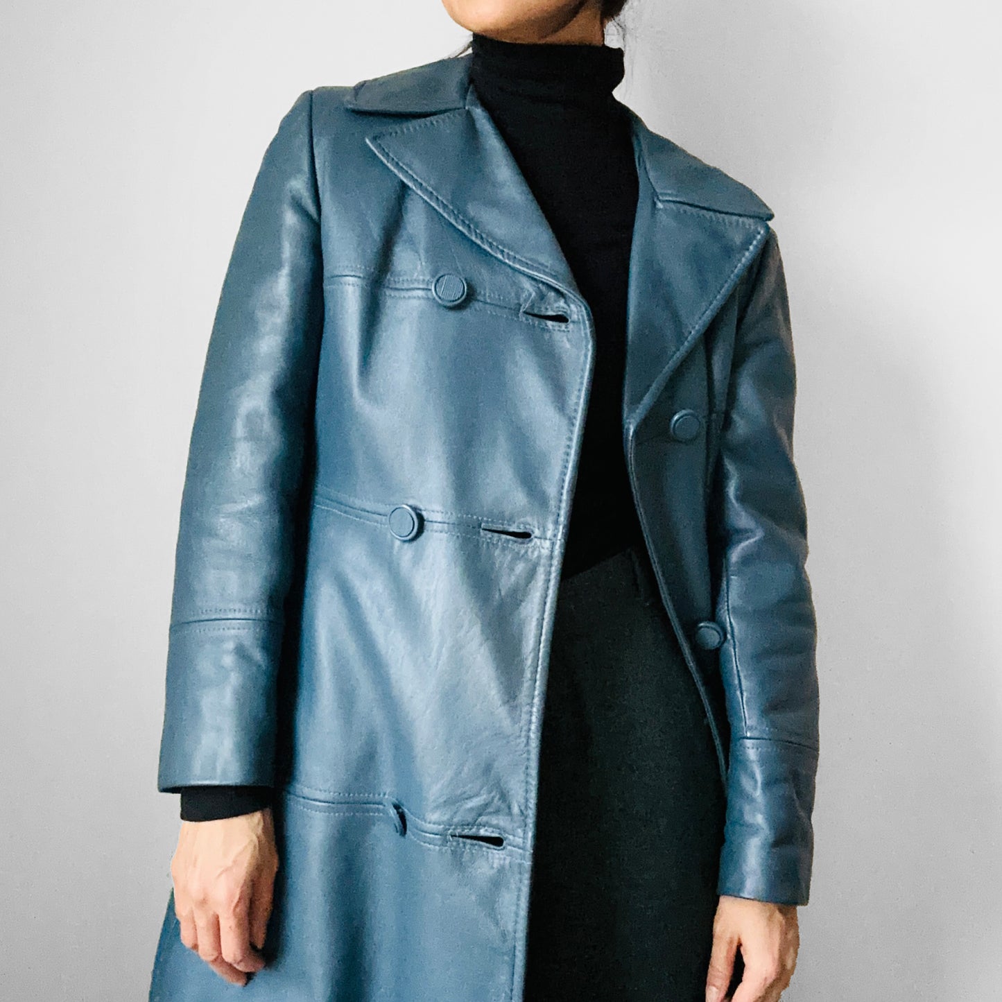 1970s Slate Blue Leather Midi-Length Quilted Coat - S/M