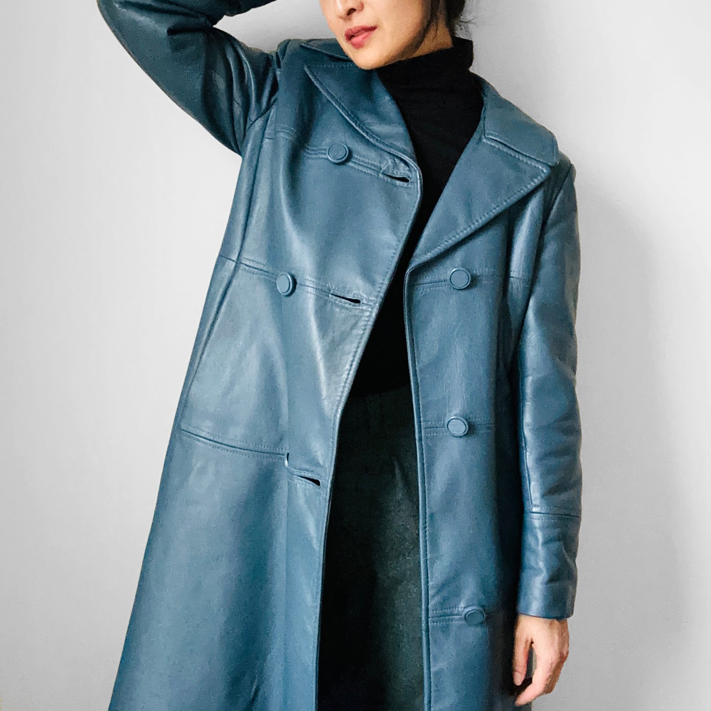 1970s Slate Blue Leather Midi-Length Quilted Coat - S/M