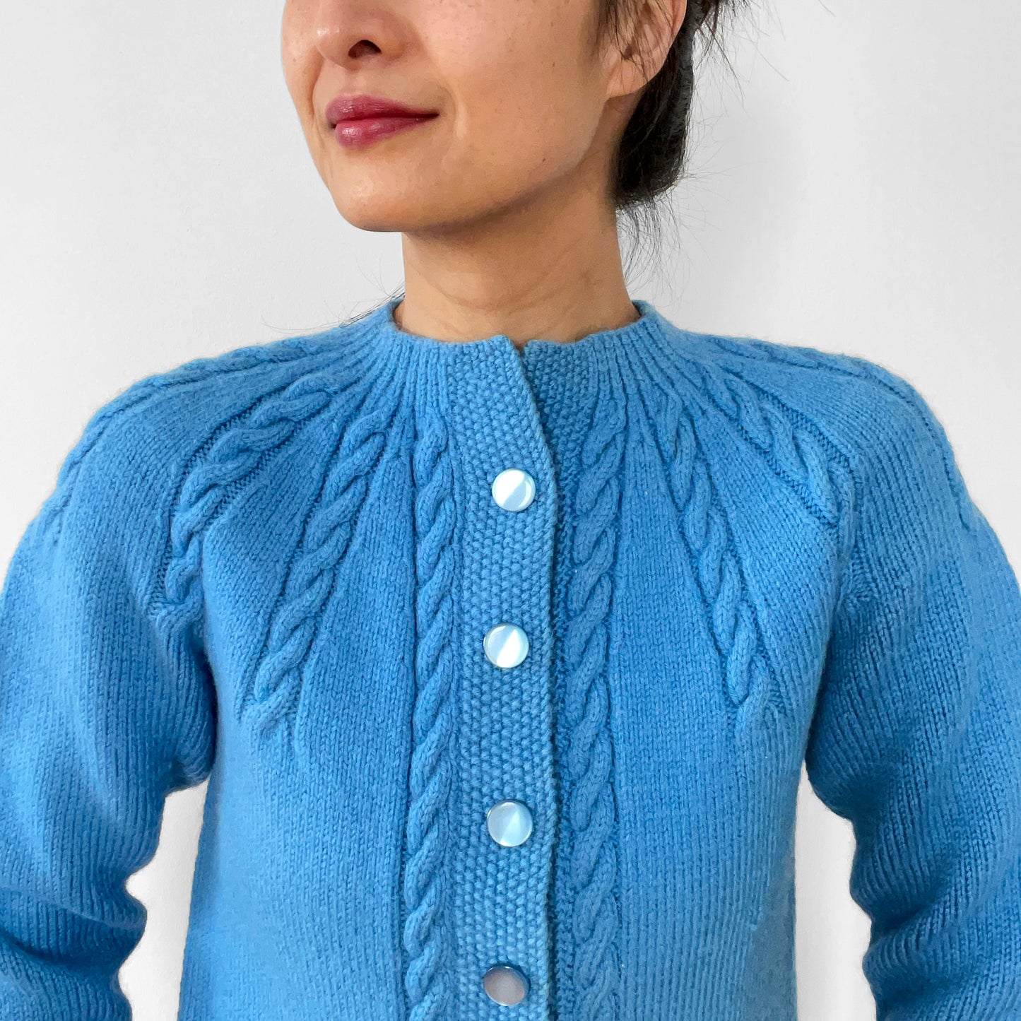 1970s Sky-Blue Button-Front Cable-Knit Cardigan Sweater