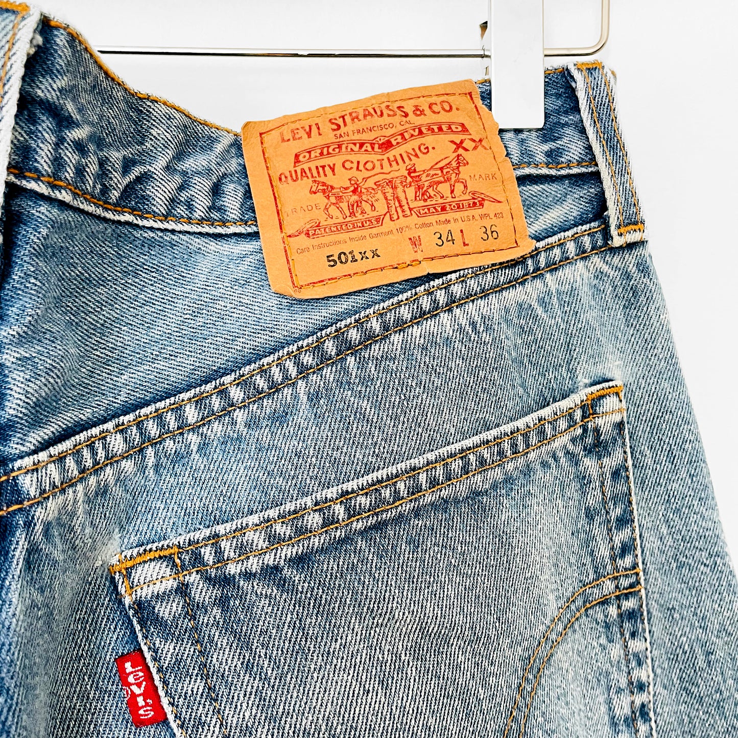 1980s - 1990s Made in the USA Levi's 501XX Button-Fly Light-Wash Red-Tab Distressed Well-Worn Denim Jeans - Waist 33-34